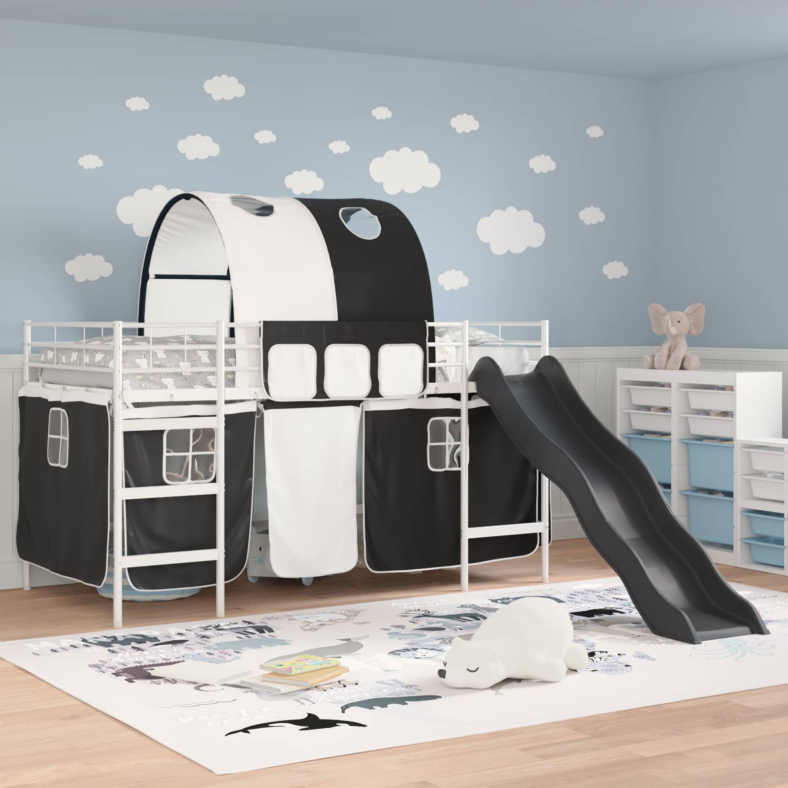 vidaXL Kids'Bunk Bed Frame with Curtains White and Black 107 x 203 cm 3