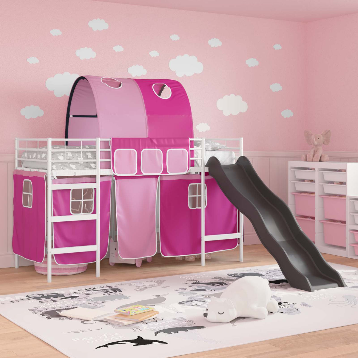 vidaXL Kids'Bunk Bed Frame with Curtains White and Pink 100 x 190 cm 3