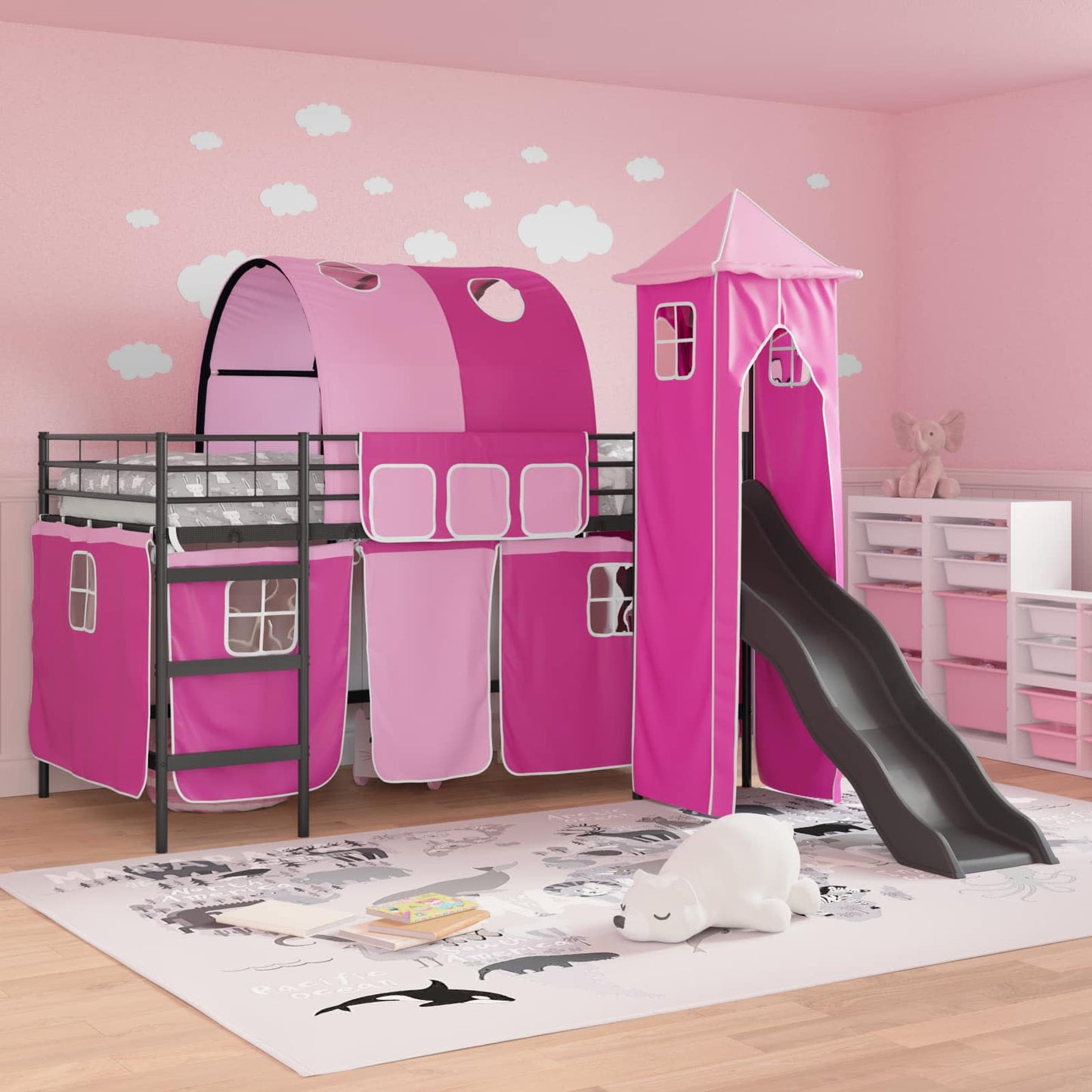 vidaXL Kids'Bunk Bed Frame Plain Black and Pink 80 x 200 cm Metal 3