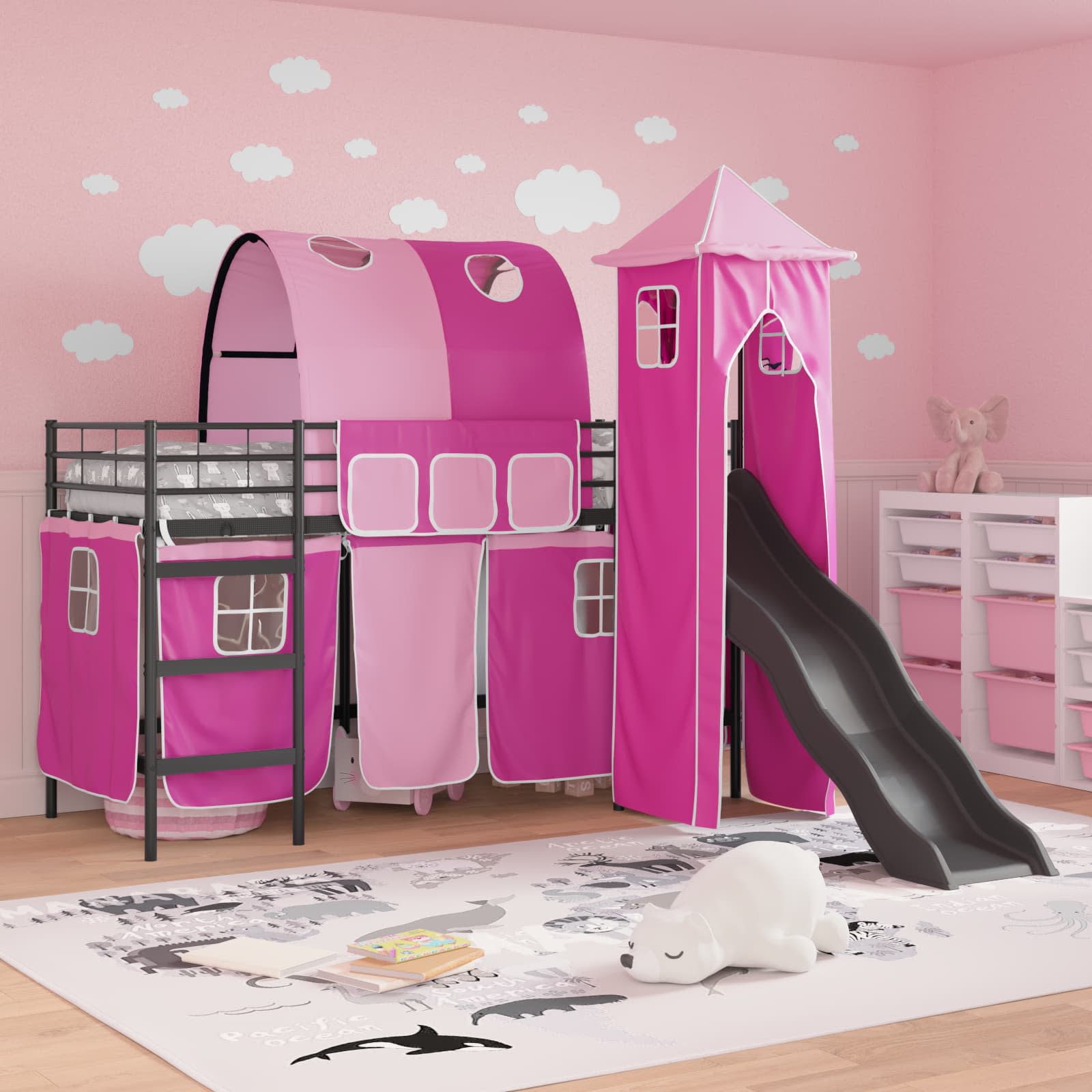 vidaXL Kids'Bunk Bed Frame Plain Black and Pink 90 x 190 cm Metal 3