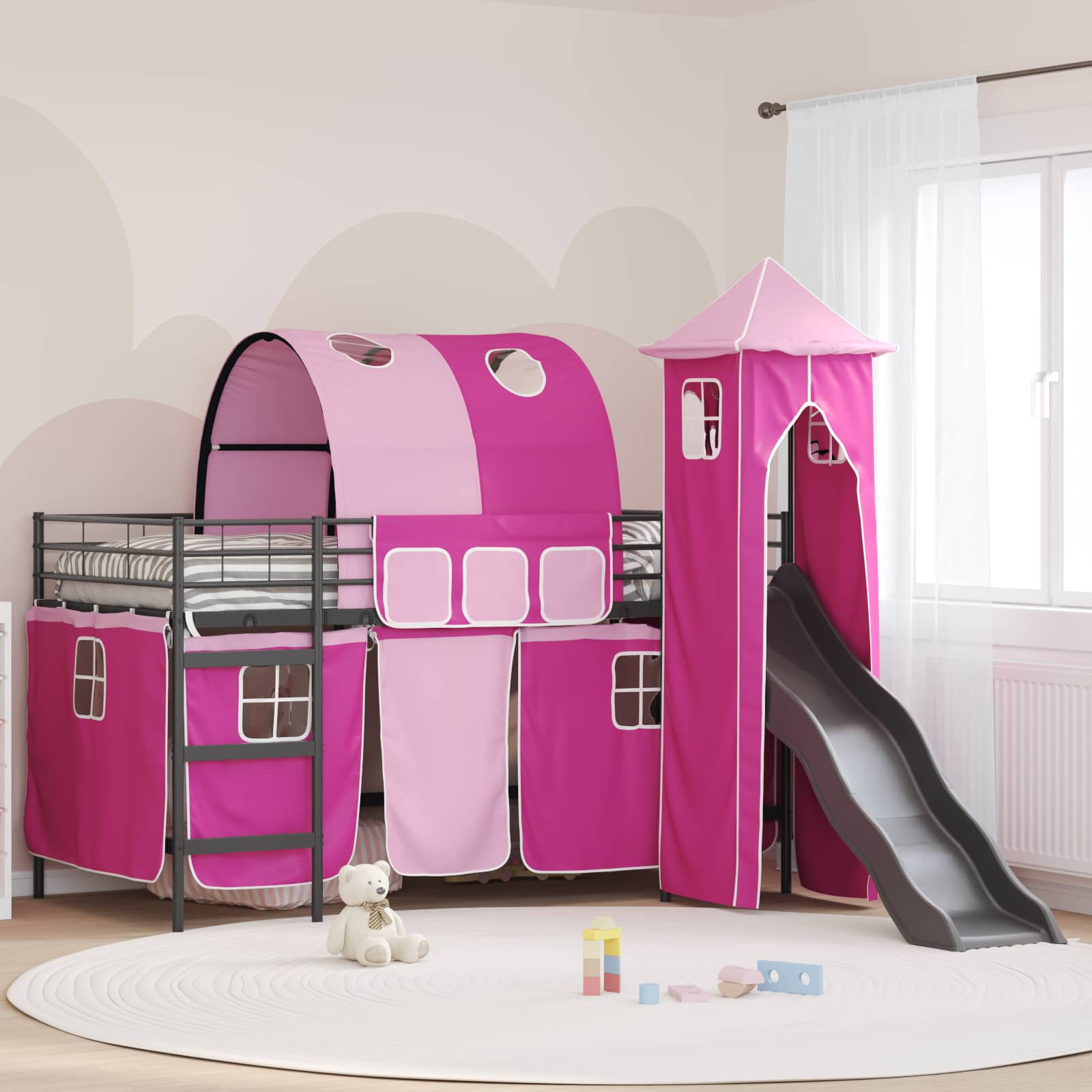 vidaXL Kids'Bunk Bed Frame Plain Black and Pink 107 x 203 cm Metal 1