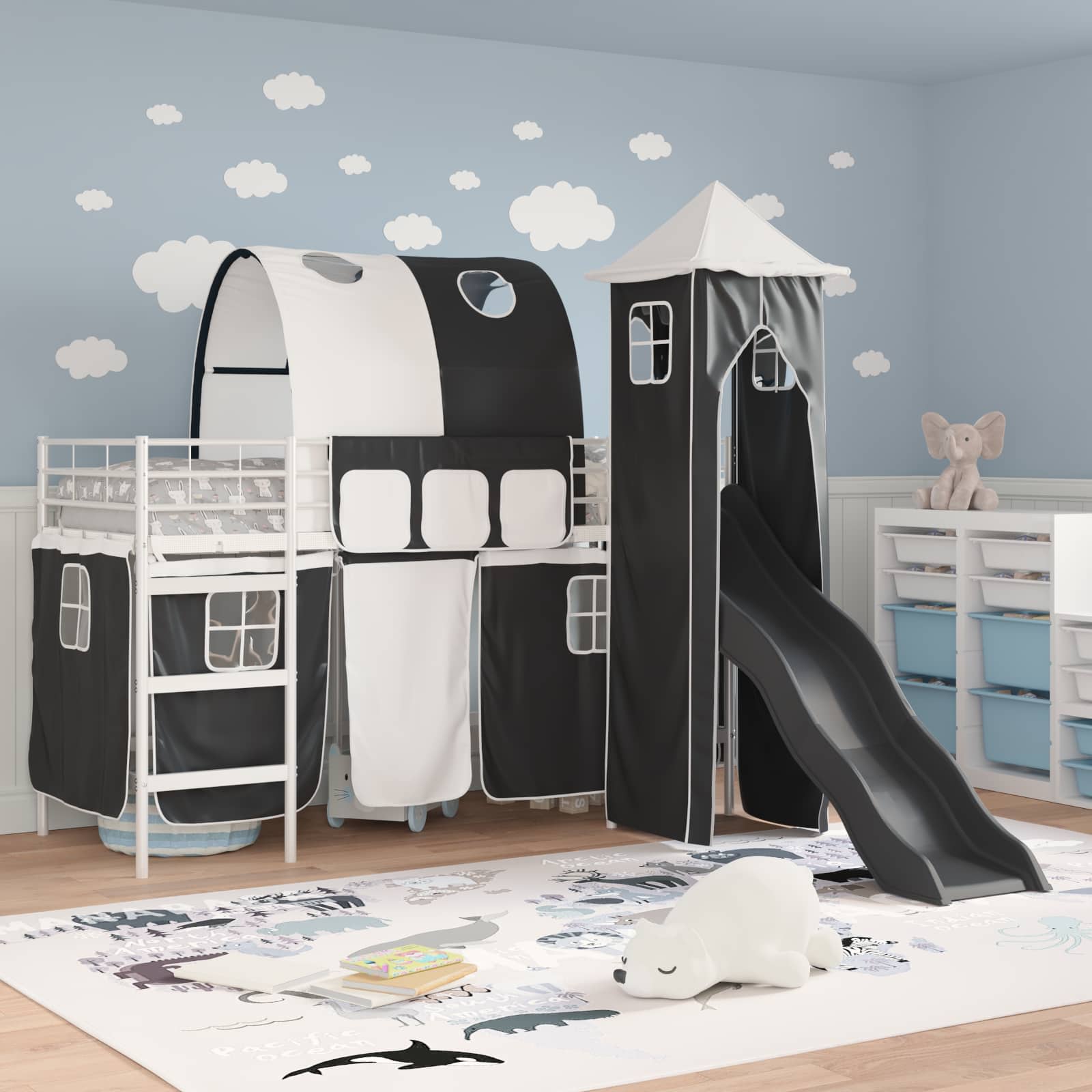 vidaXL Kids'Bunk Bed Frame Plain White and Black 90 x 190 cm Metal 3