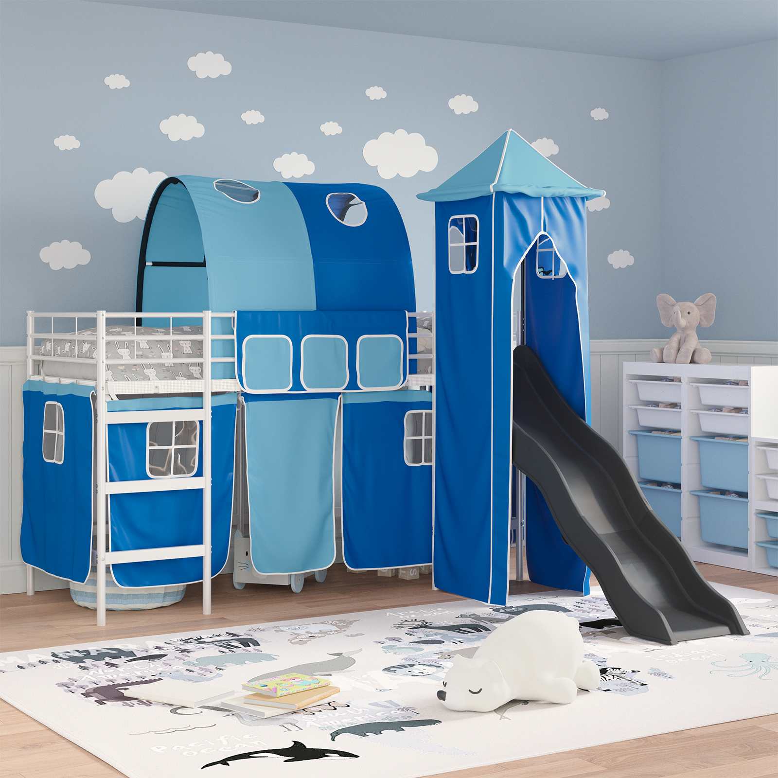 vidaXL Kids'Bunk Bed Frame Plain White and Blue 90 x 190 cm Metal 3