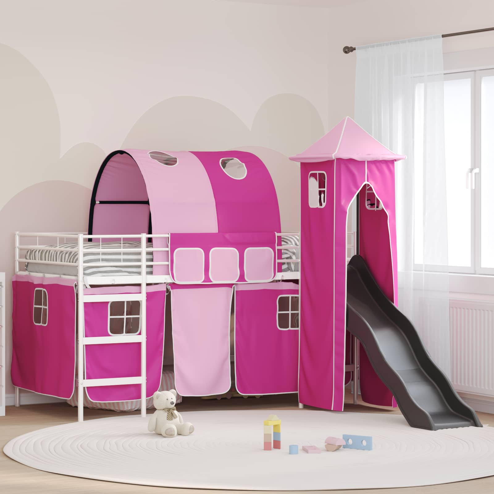 vidaXL Kids'Bunk Bed Frame Plain White and Pink 80 x 200 cm Metal 1