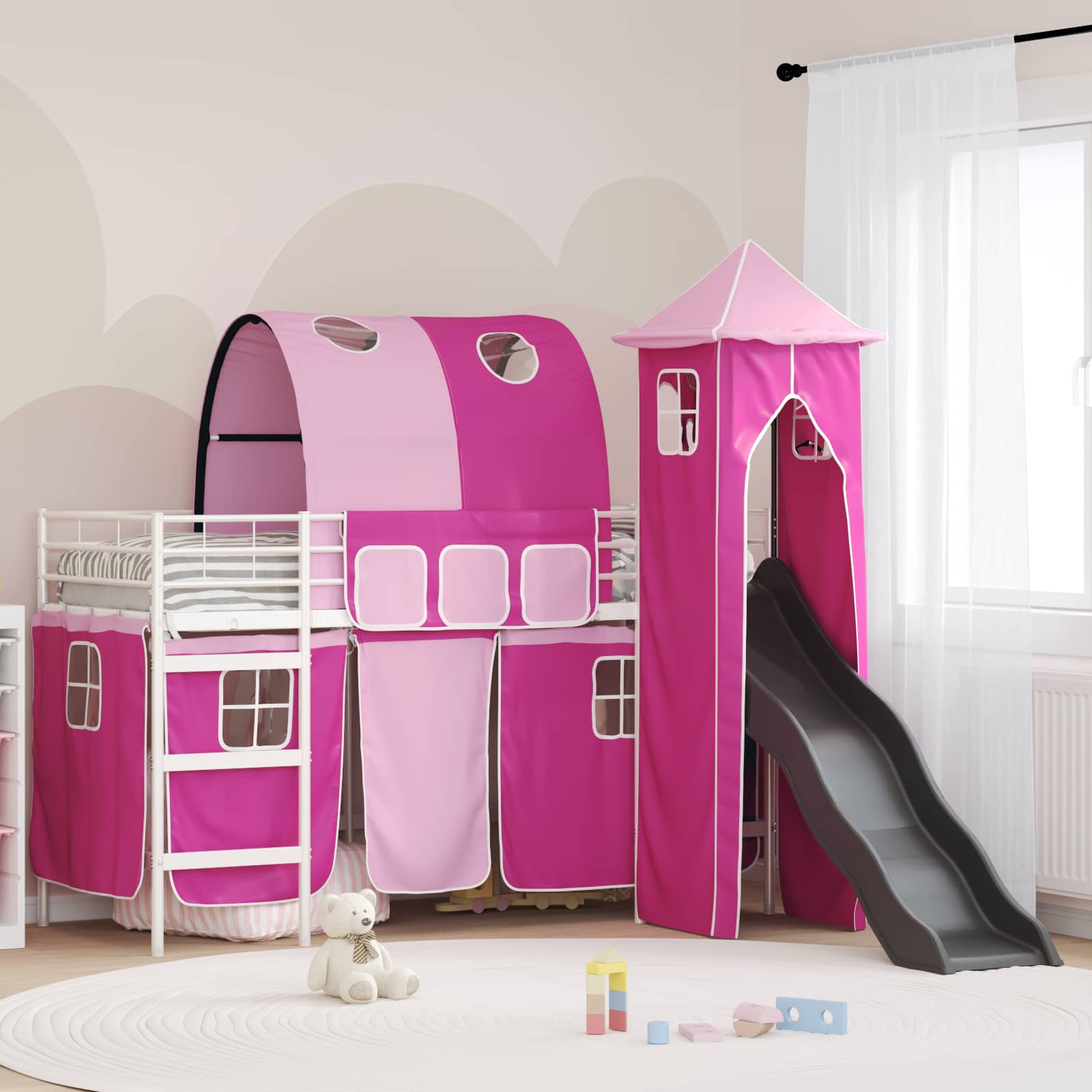 vidaXL Kids'Bunk Bed Frame Plain White and Pink 100 x 190 cm Metal 1