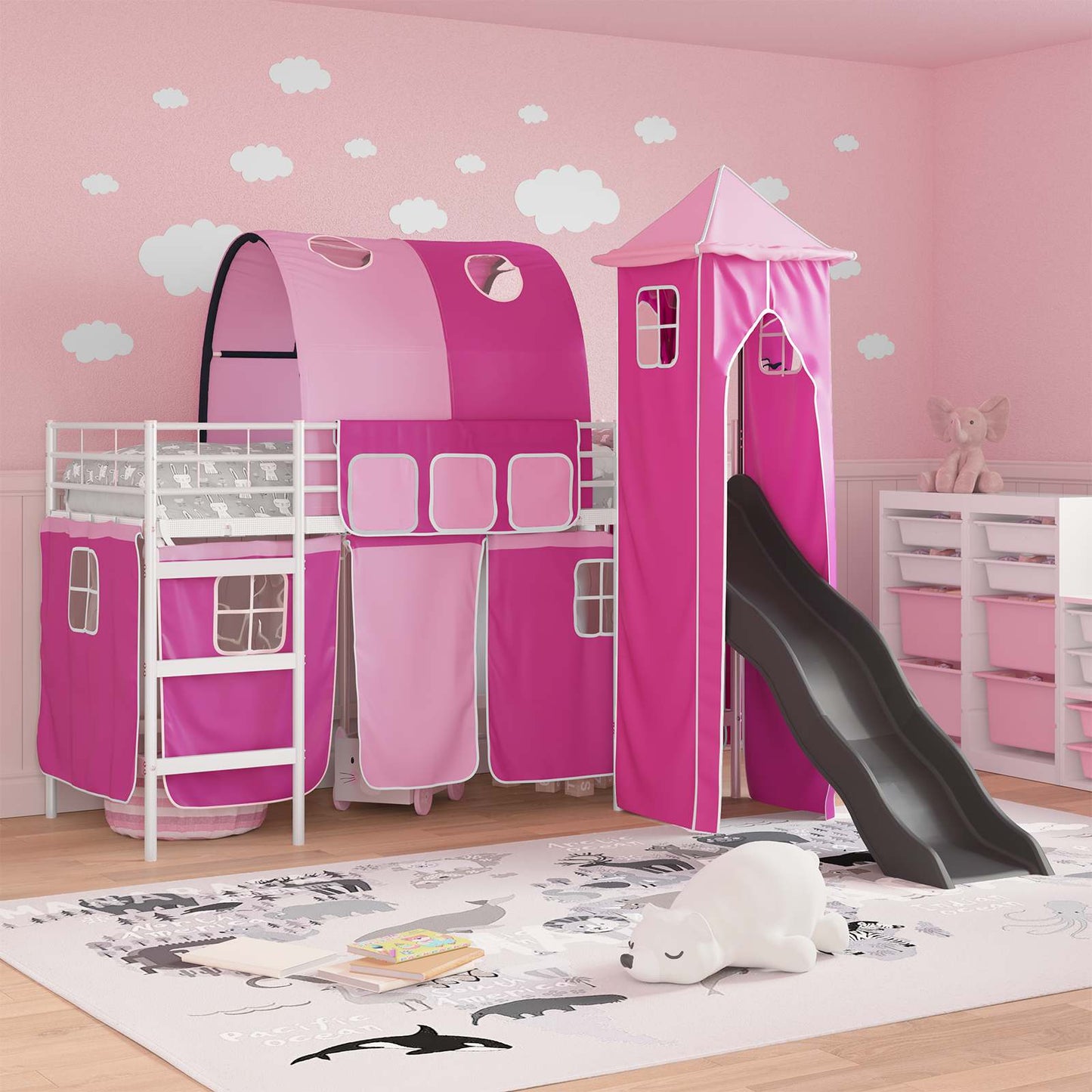 vidaXL Kids'Bunk Bed Frame Plain White and Pink 100 x 190 cm Metal 3