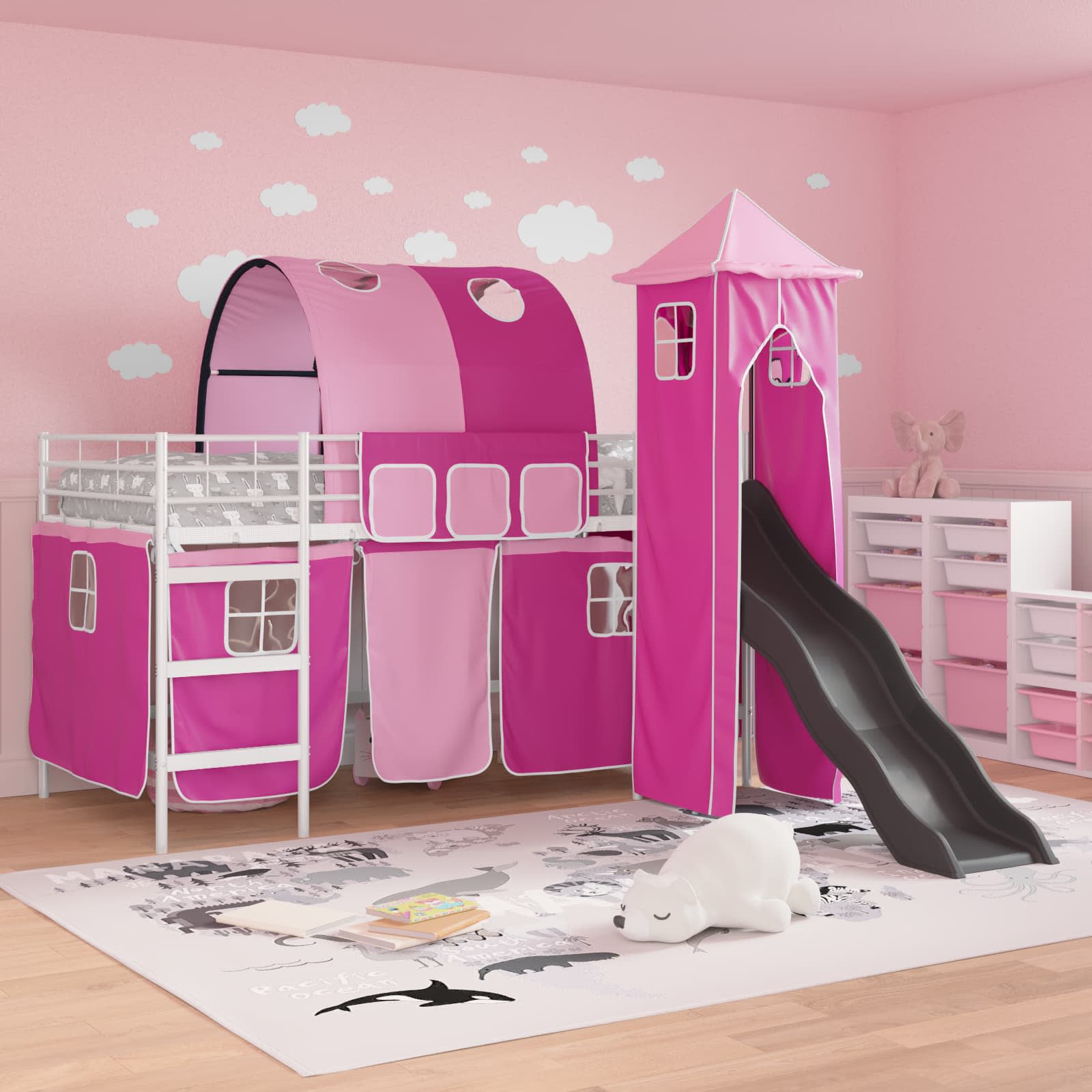 vidaXL Kids'Bunk Bed Frame Plain White and Pink 100 x 200 cm Metal 3