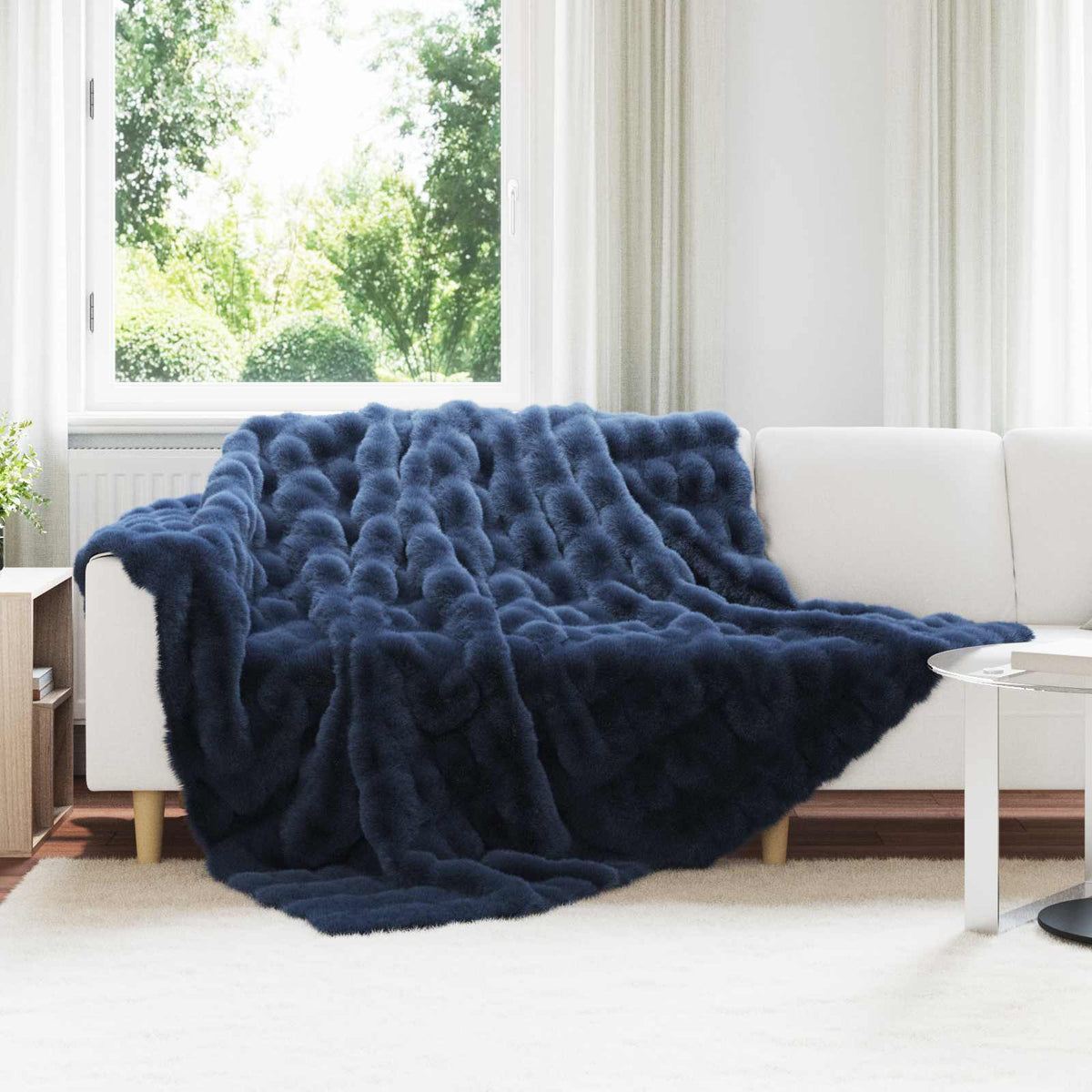 vidaXL Anti-Slip Faux Rabbit Fur Blanket Olite 4 pcs Marine Blue 1