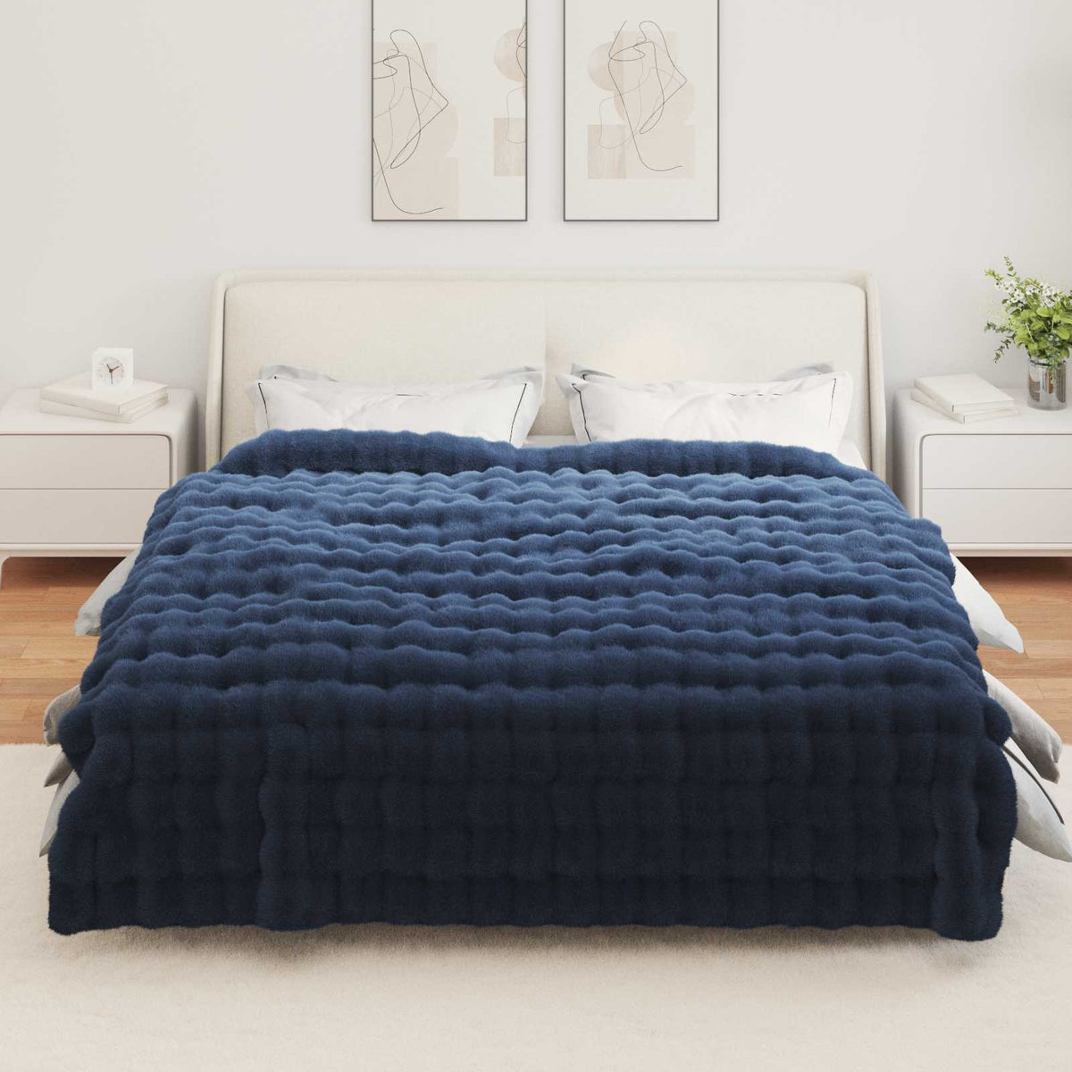 vidaXL Anti-Slip Faux Rabbit Fur Blanket Olite 4 pcs Marine Blue 4