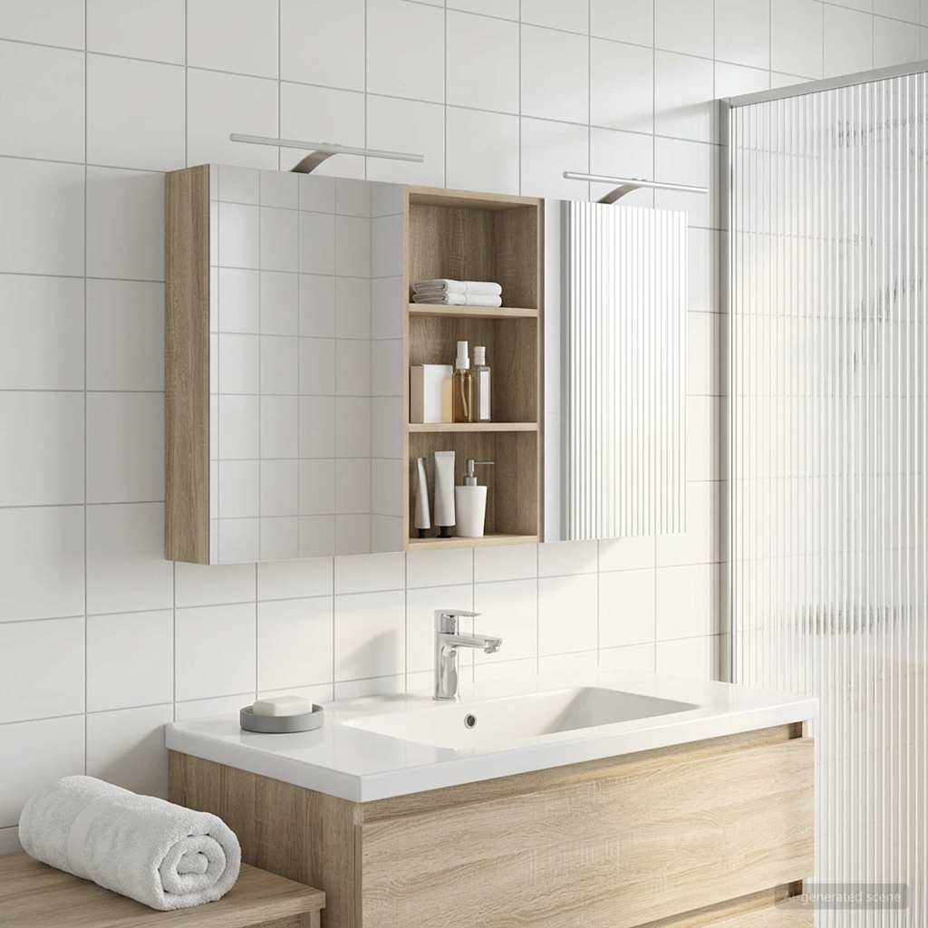 Bathroom Cabinet Set 3 pcs 140 x 14.5 x 70 cm with LED Depth 14.5 cm Width 140 cm Sonoma oak
