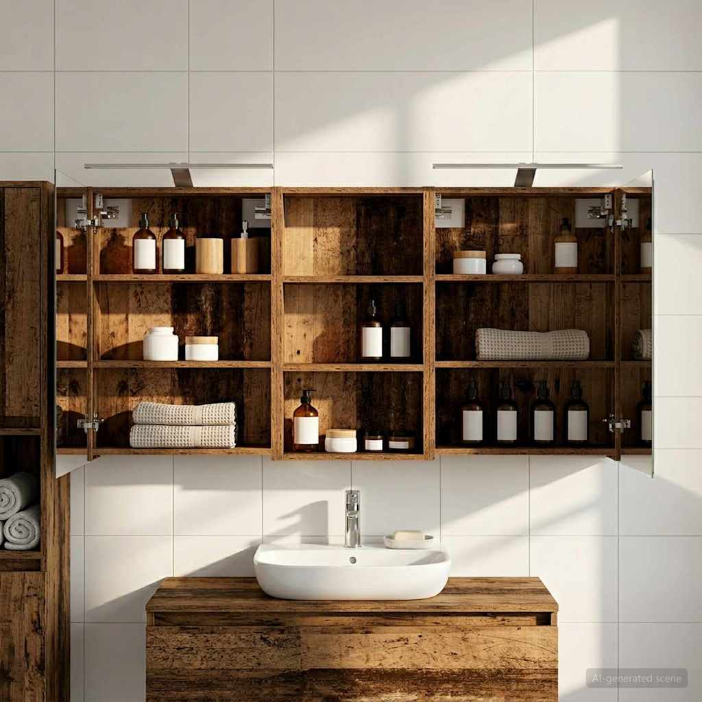 Bathroom Cabinet Set 3 pcs 140 x 14.5 x 70 cm with LED Depth 14.5 cm Width 140 cm Old wood