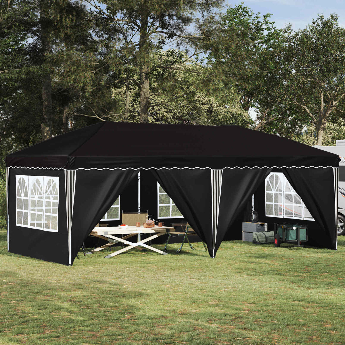Pop-up Party Tent 575 x 288 x 245 cm with 6 Sidewalls Black