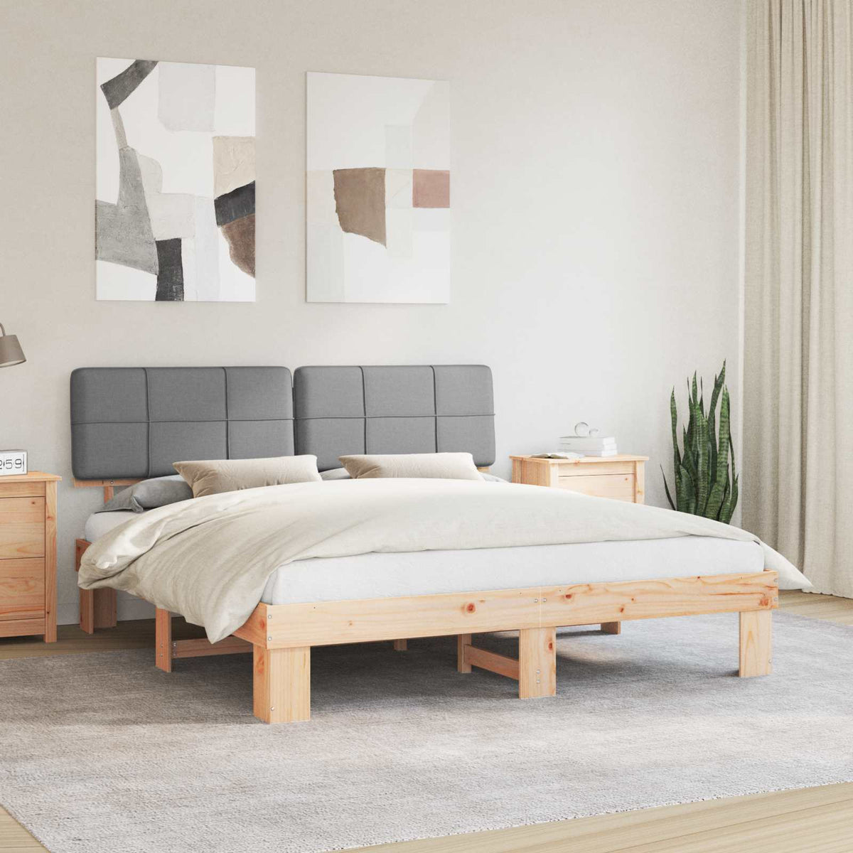 Bed Frame with Upholstered Headboard Length 200 cm Natural and Light Grey 180 cm