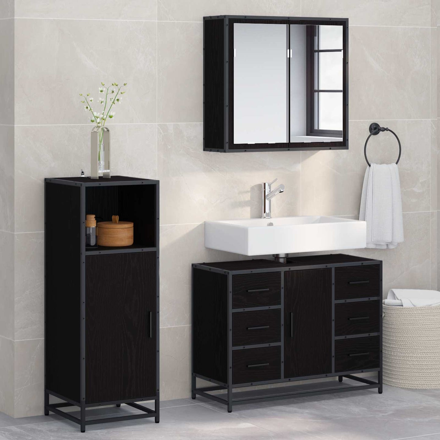vidaXL Bathroom Furniture Set 3 pcs Black Oak Engineered Wood 1