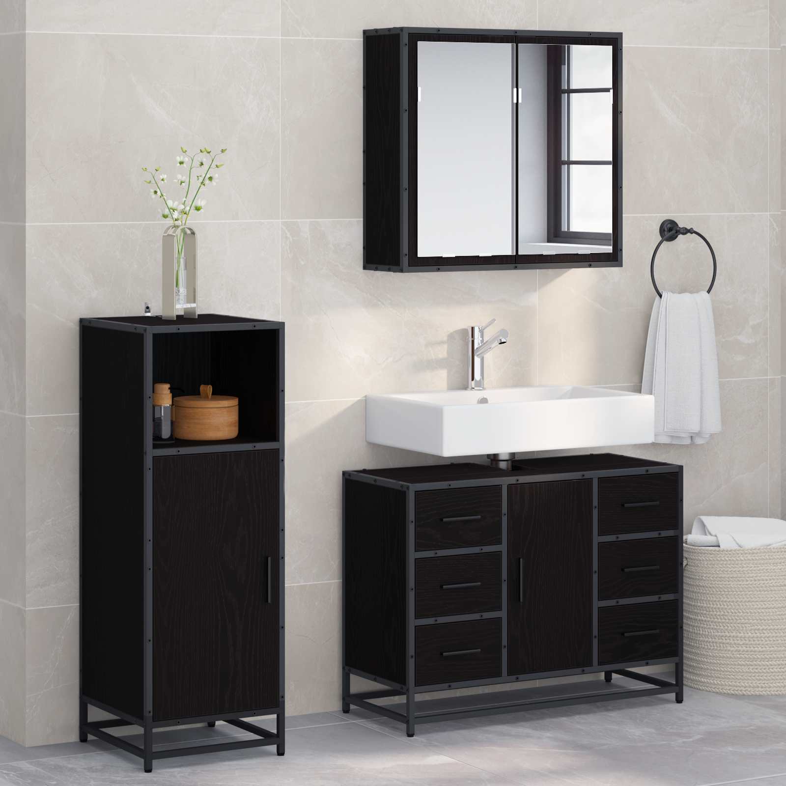 vidaXL Bathroom Furniture Set 3 pcs Black Oak Engineered Wood 1