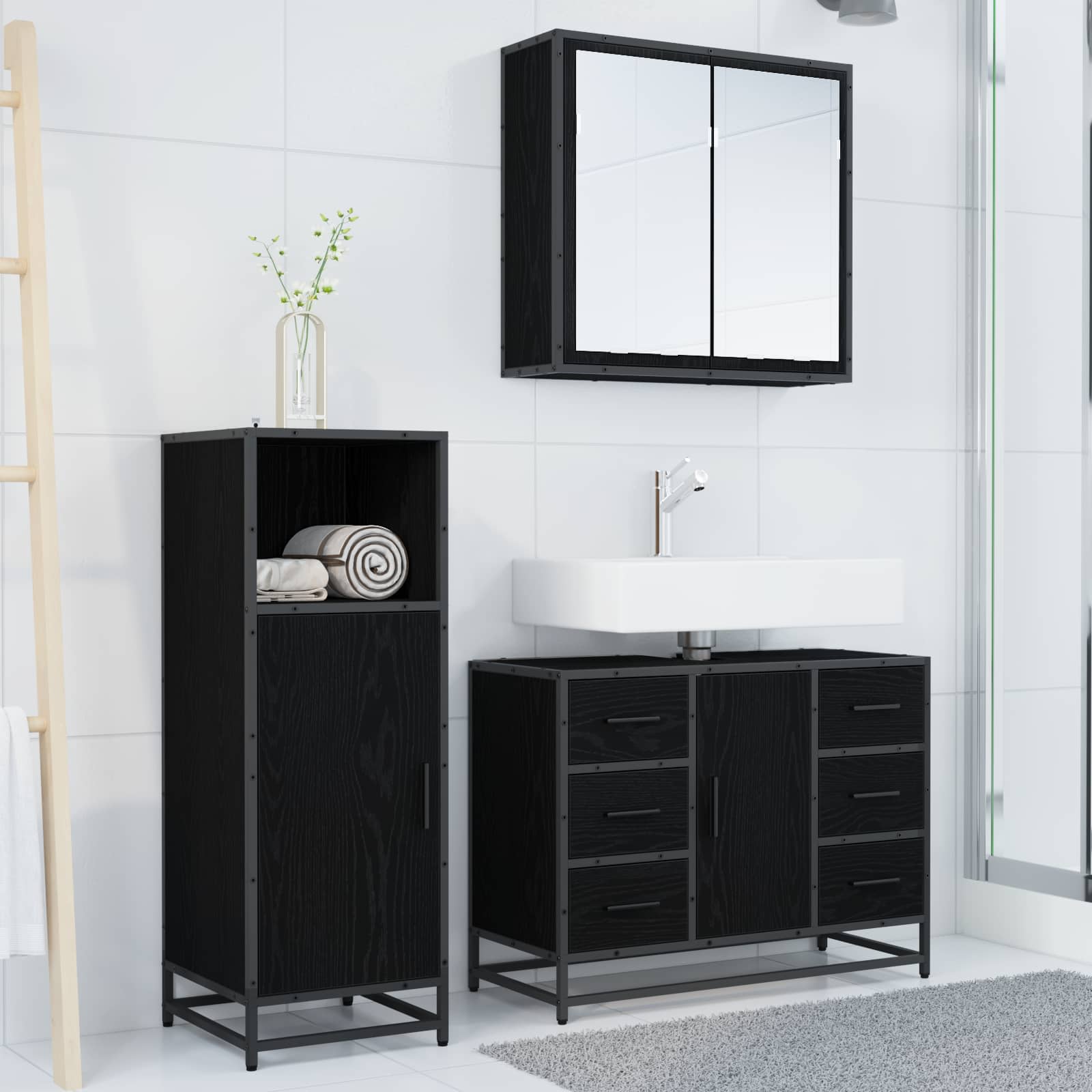 vidaXL Bathroom Furniture Set 3 pcs Black Oak Engineered Wood 4