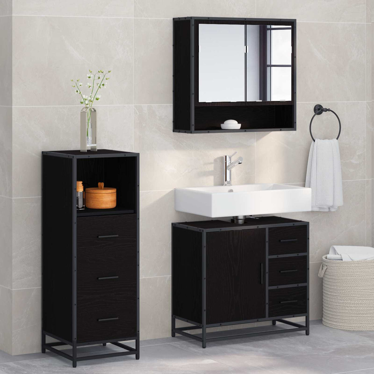vidaXL Bathroom Furniture Set 3 pcs Black Oak Engineered Wood 1