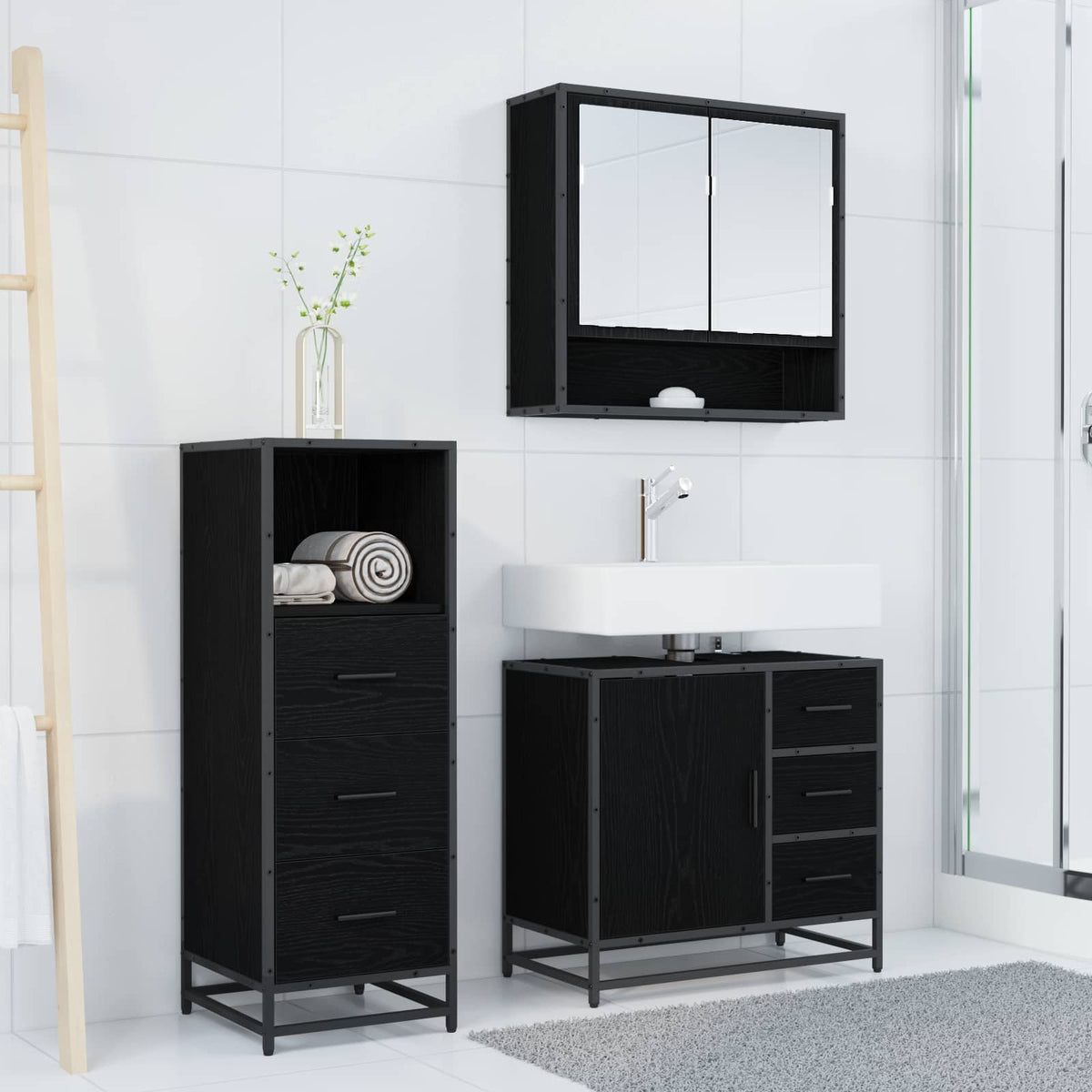 vidaXL Bathroom Furniture Set 3 pcs Black Oak Engineered Wood 4