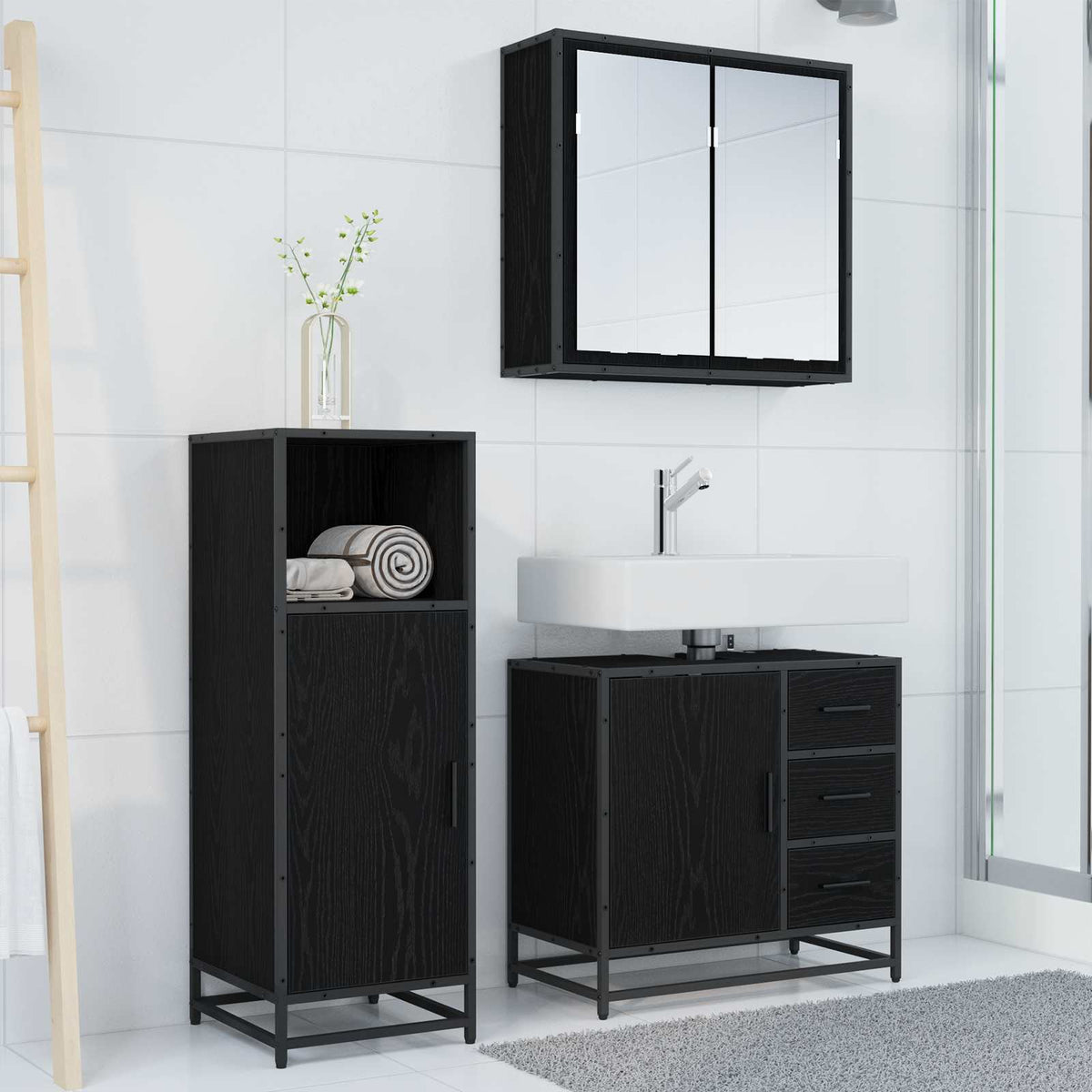 vidaXL Bathroom Furniture Set 3 pcs Black Oak Engineered Wood 4