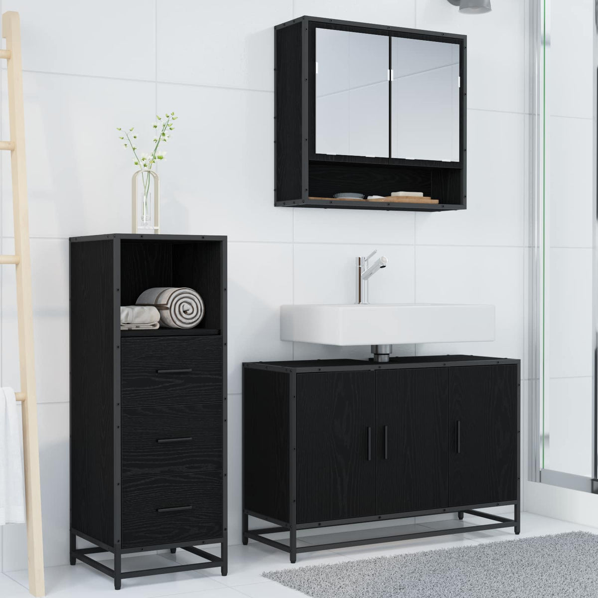 vidaXL Bathroom Furniture Set 3 pcs Black Oak Engineered Wood 4