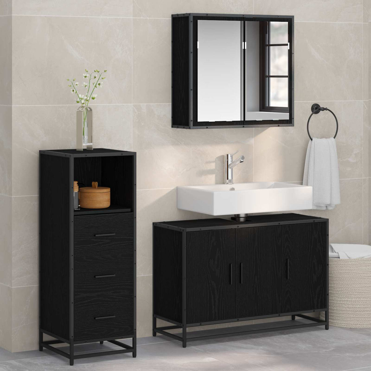 vidaXL Bathroom Furniture Set 3 pcs Black Oak Engineered Wood 1