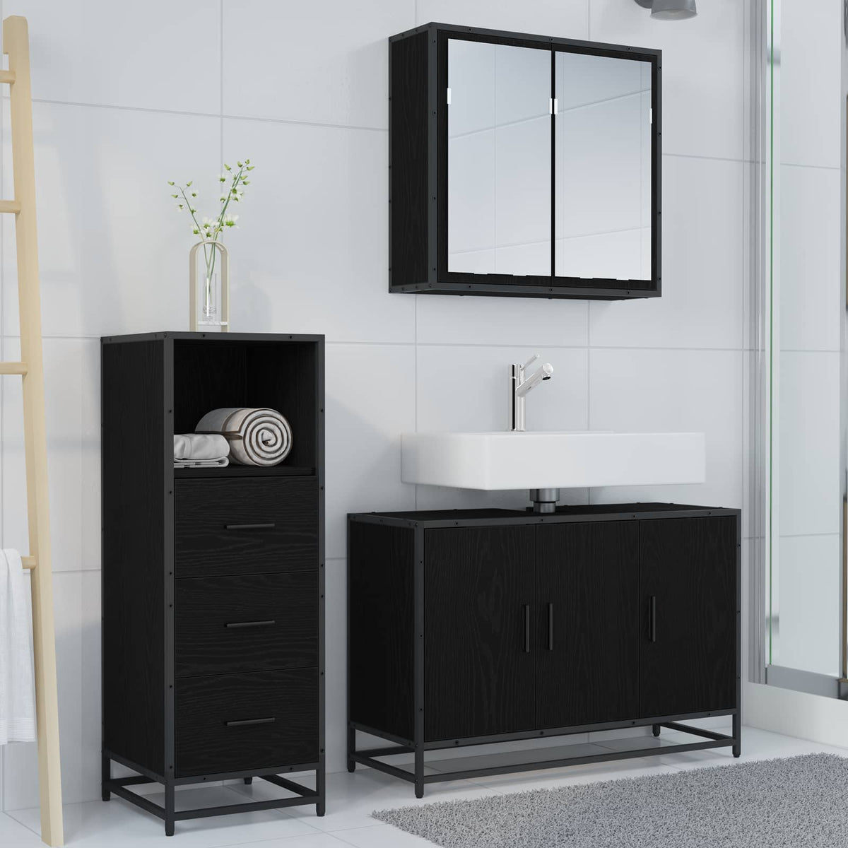 vidaXL Bathroom Furniture Set 3 pcs Black Oak Engineered Wood 3