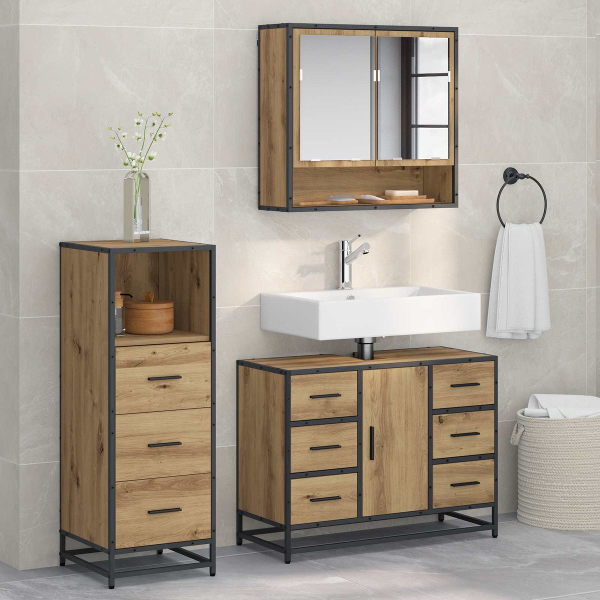 vidaXL Bathroom Furniture Set 3 pcs Artisan Oak Engineered Wood 1