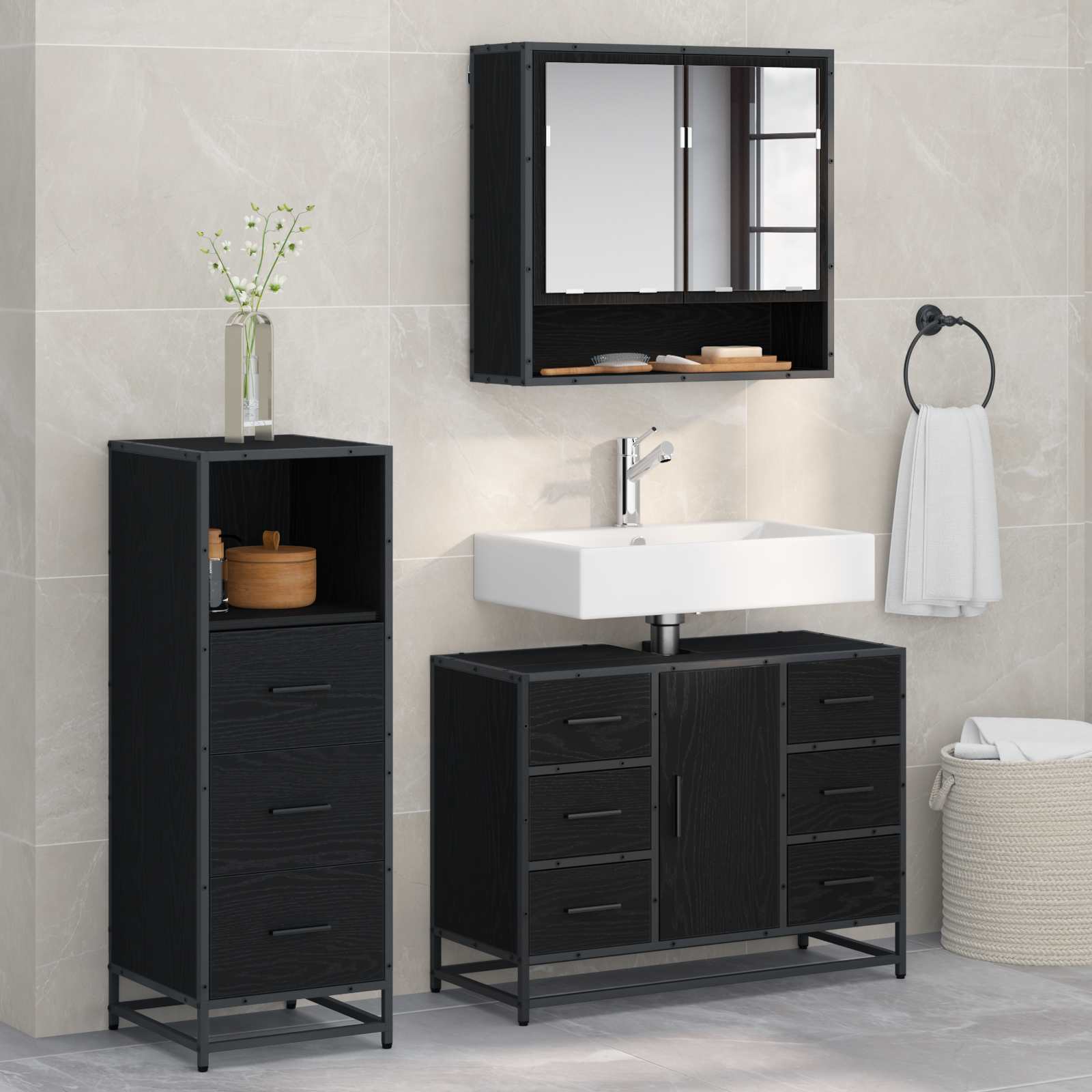 vidaXL Bathroom Furniture Set 3 pcs Black Oak Engineered Wood 1