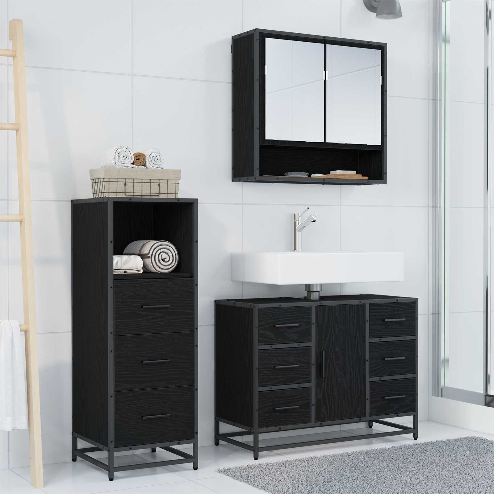 vidaXL Bathroom Furniture Set 3 pcs Black Oak Engineered Wood 4