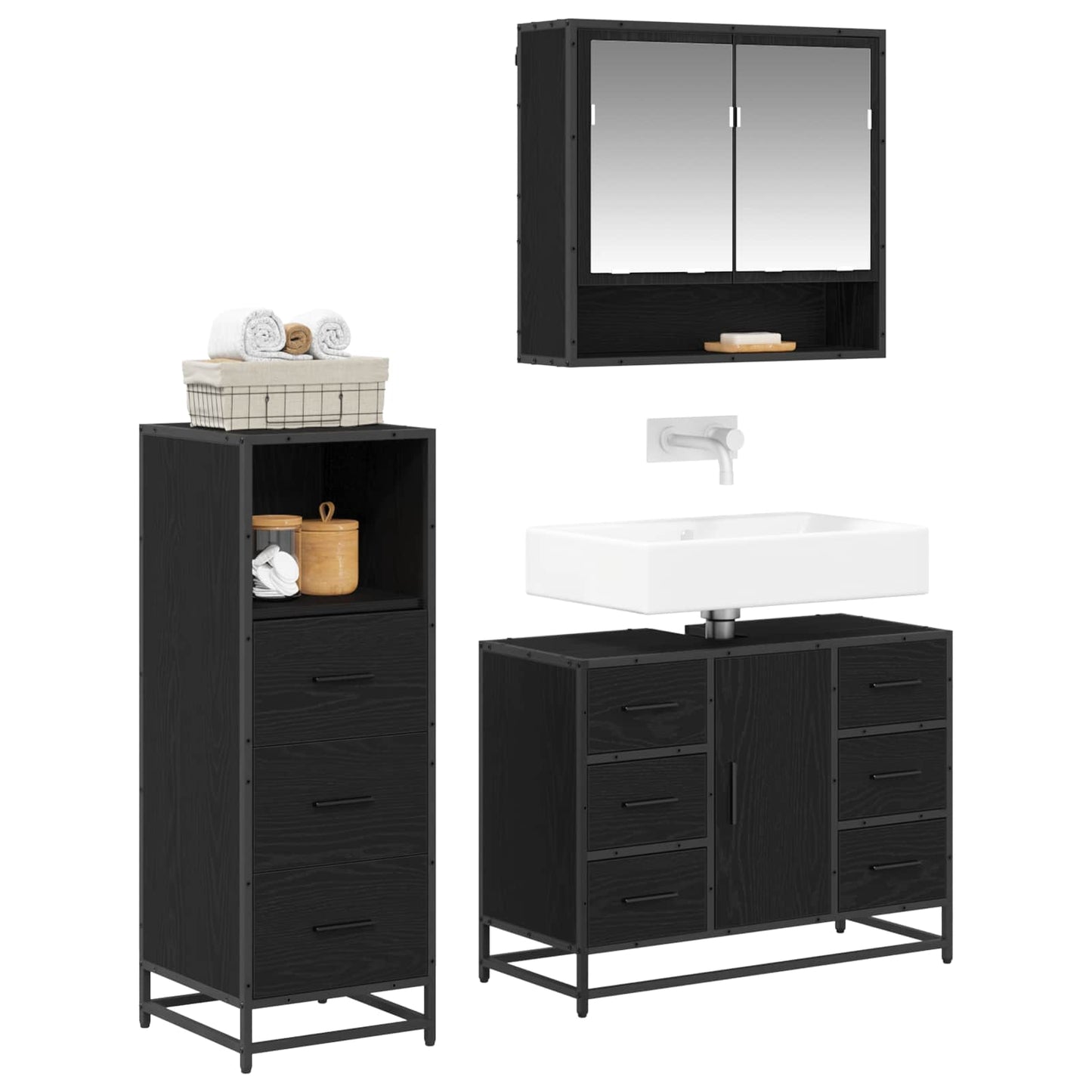 vidaXL Bathroom Furniture Set 3 pcs Black Oak Engineered Wood 3