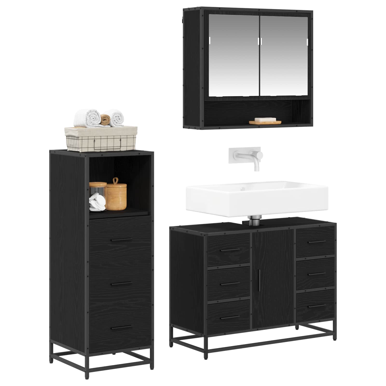 vidaXL Bathroom Furniture Set 3 pcs Black Oak Engineered Wood 3