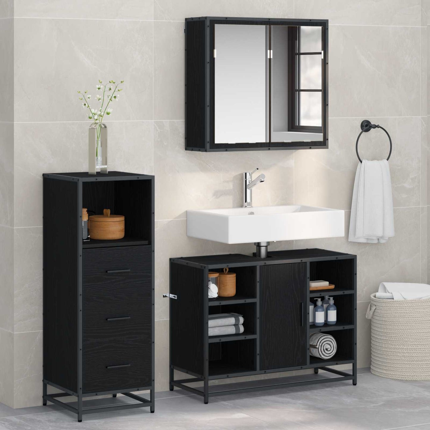 vidaXL Bathroom Furniture Set 3 pcs Black Oak Engineered Wood 1