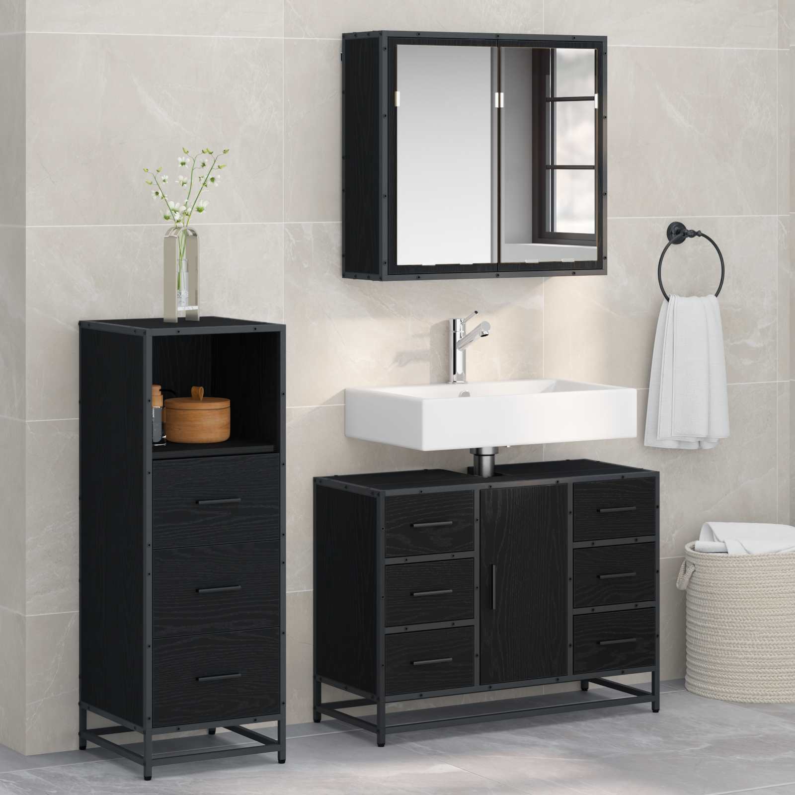 vidaXL Bathroom Furniture Set 3 pcs Black Oak Engineered Wood 1