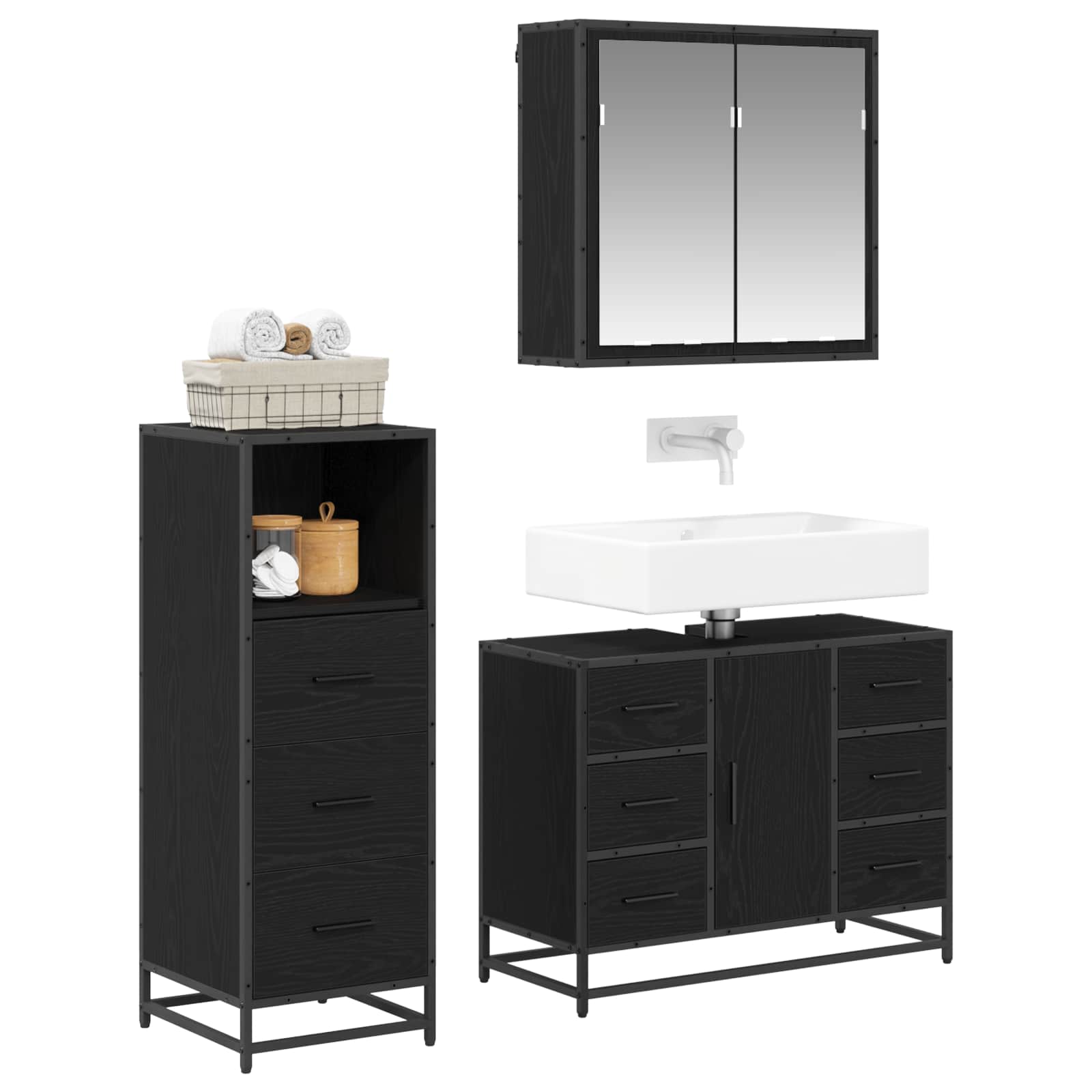 vidaXL Bathroom Furniture Set 3 pcs Black Oak Engineered Wood 3
