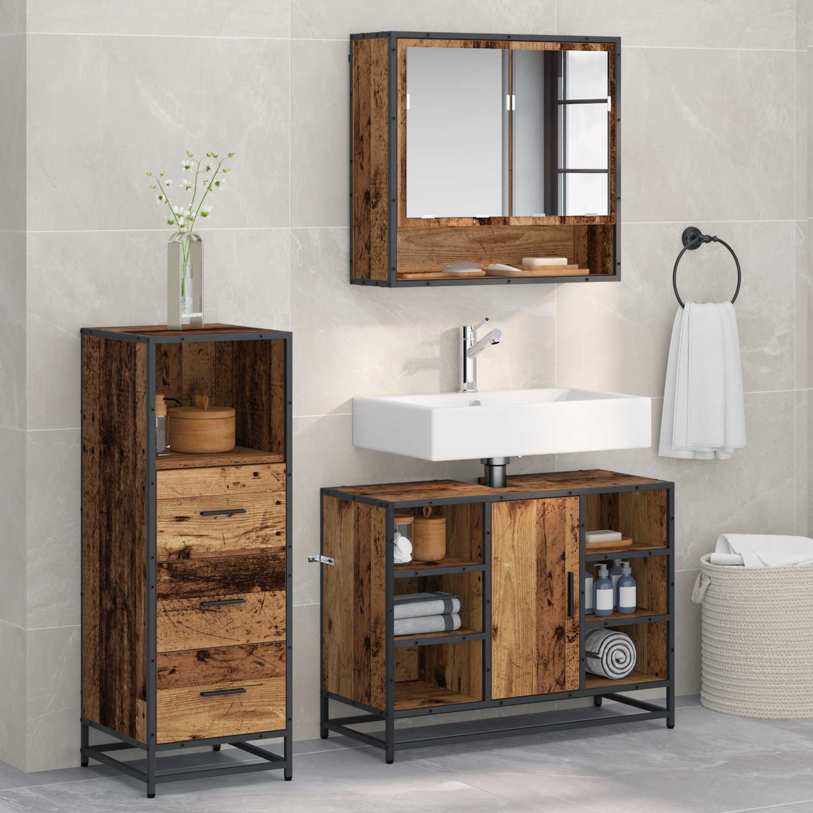 vidaXL Bathroom Furniture Set 3 pcs Old Wood Engineered Wood 1