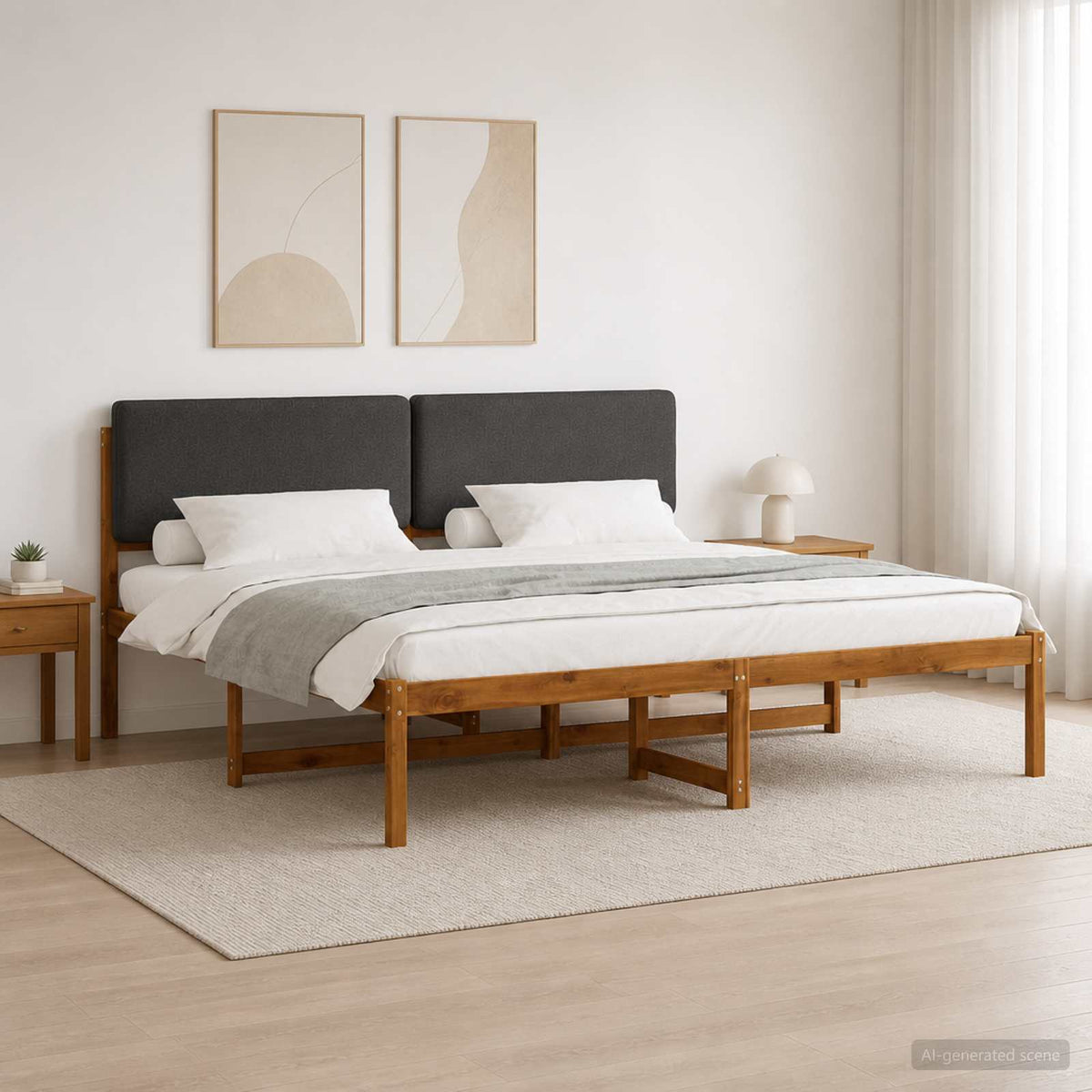 Bed Frame with Upholstered Headboard Natural and dark grey 180 cm 200 cm