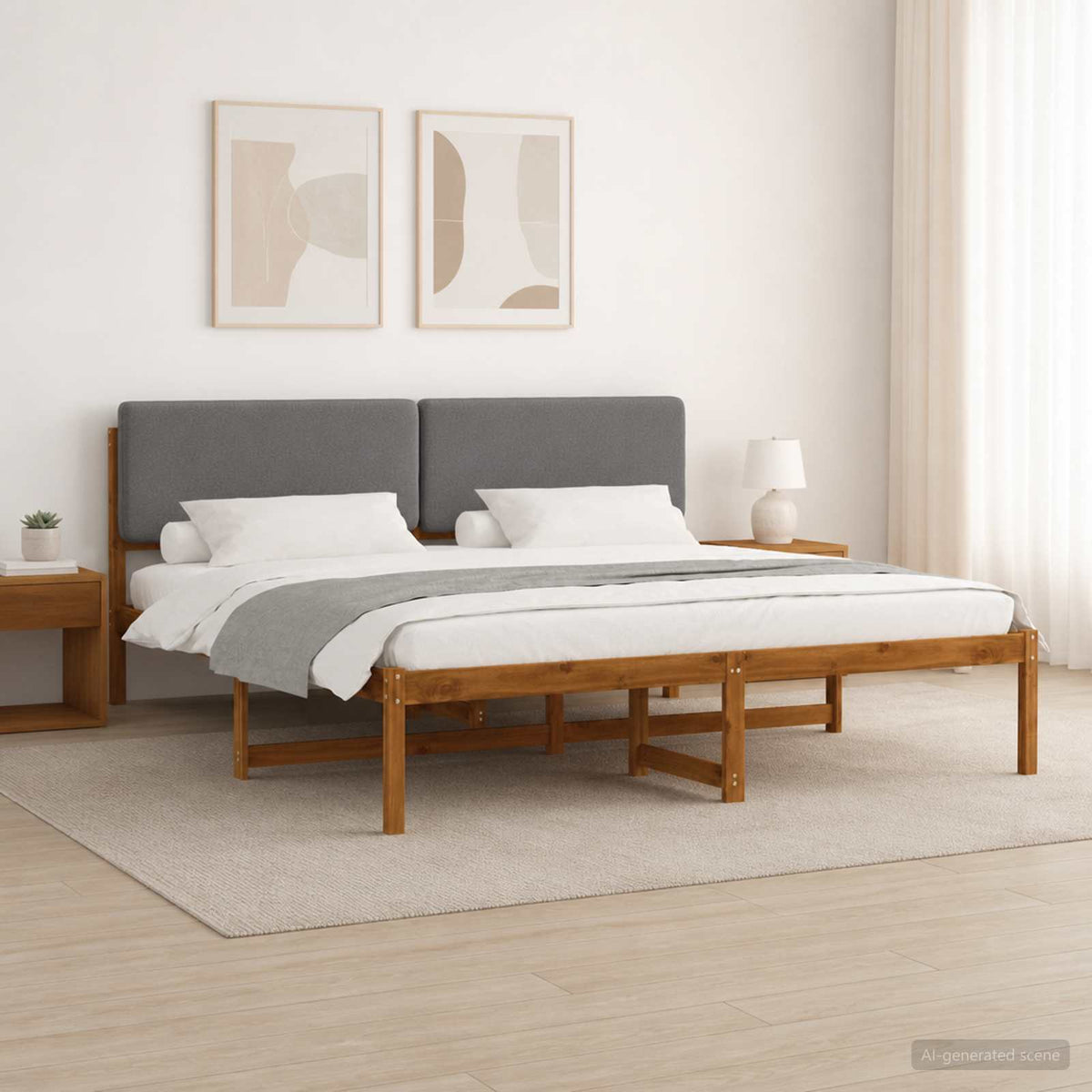 Bed Frame with Upholstered Headboard Natural and light grey 180 cm 200 cm