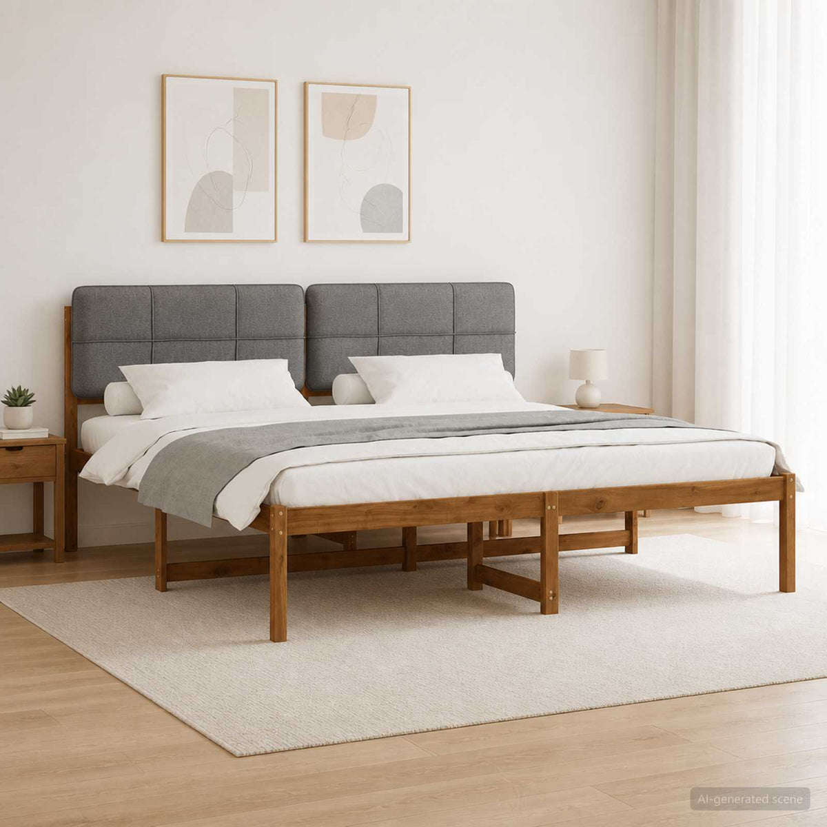 Bed Frame with Upholstered Headboard Natural and light grey 180 cm 200 cm