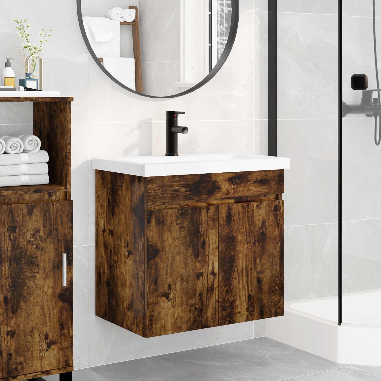 vidaXL Bathroom Vanity Unit with Tap Smoked Oak 61 x 40 x 74.5 cm 1