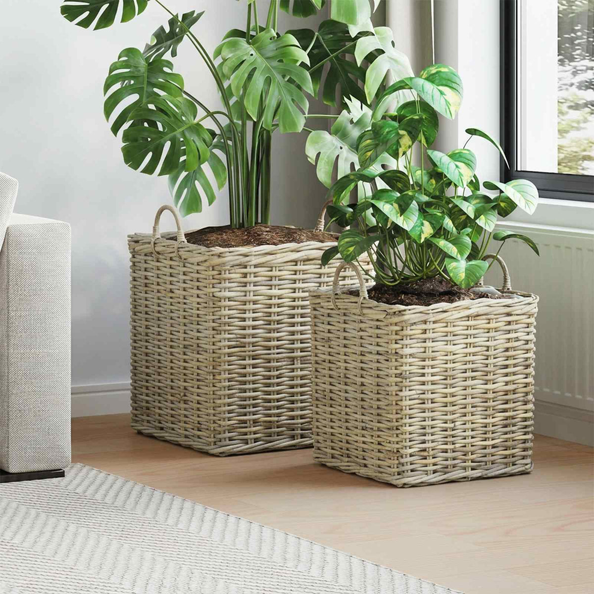 Planter Basket GENDT 2 pcs Natural Kubu Rattan Grey