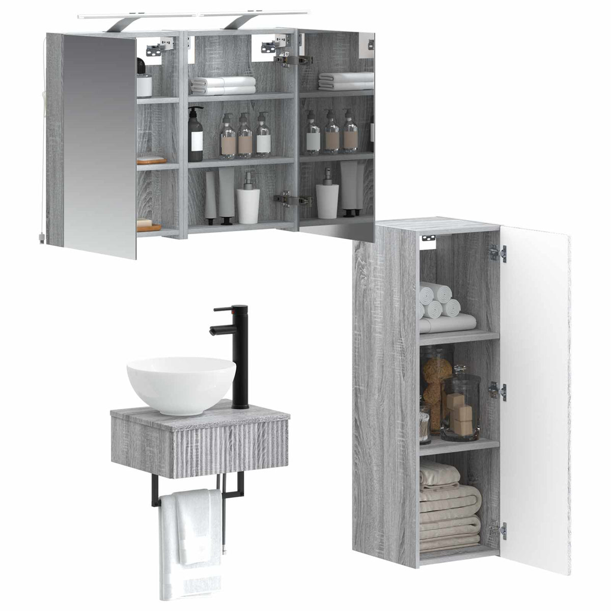 vidaXL Bathroom Cabinet Set 4 pcs Grey Sonoma Engineered Wood 3