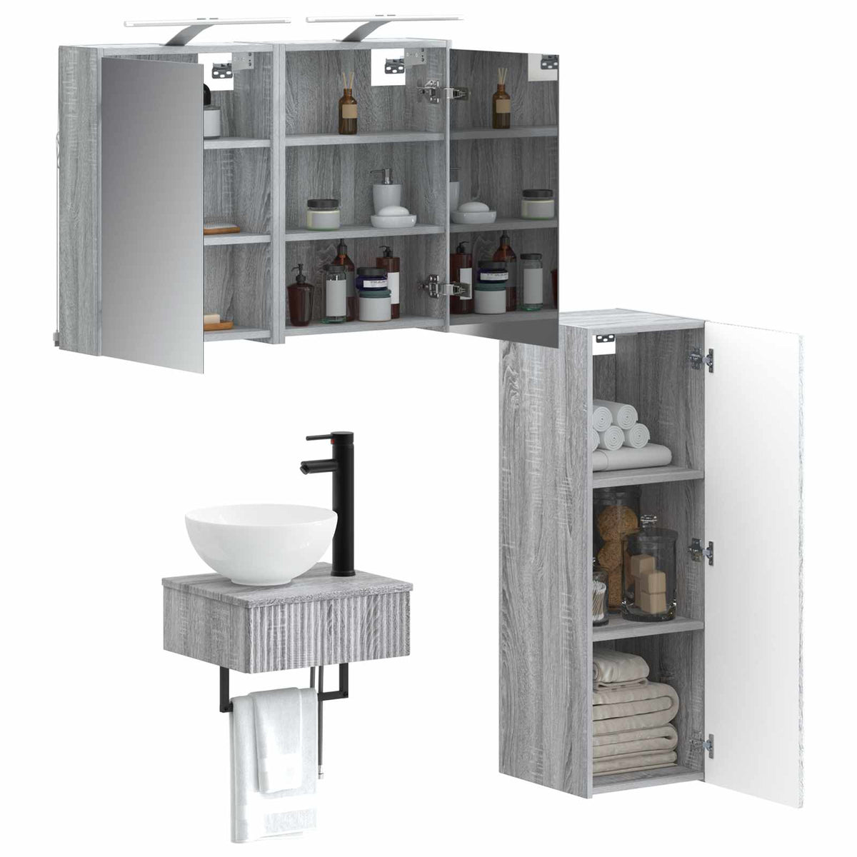 vidaXL Bathroom Cabinet Set 4 pcs Grey Sonoma Engineered Wood 3