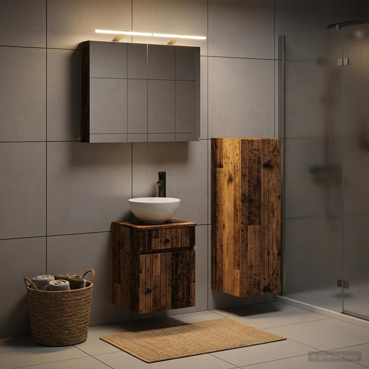 vidaXL Bathroom Furniture Set 4 pcs Old Wood Engineered Wood and Glass 4