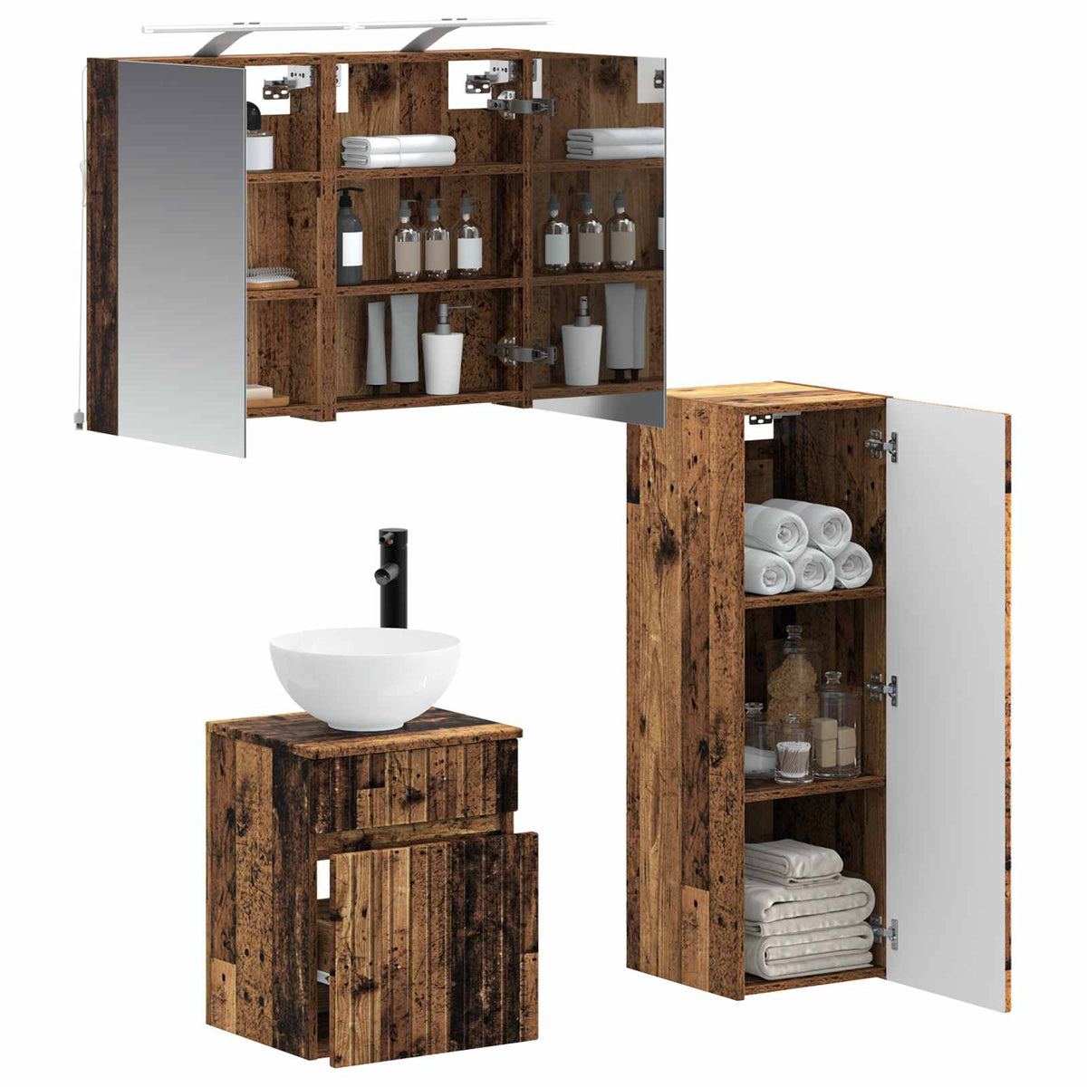 vidaXL Bathroom Furniture Set 4 pcs Old Wood Engineered Wood and Glass 3