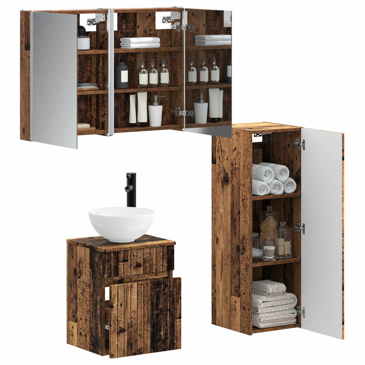 vidaXL Bathroom Furniture Set 4 pcs Old Wood Engineered Wood and Glass 3