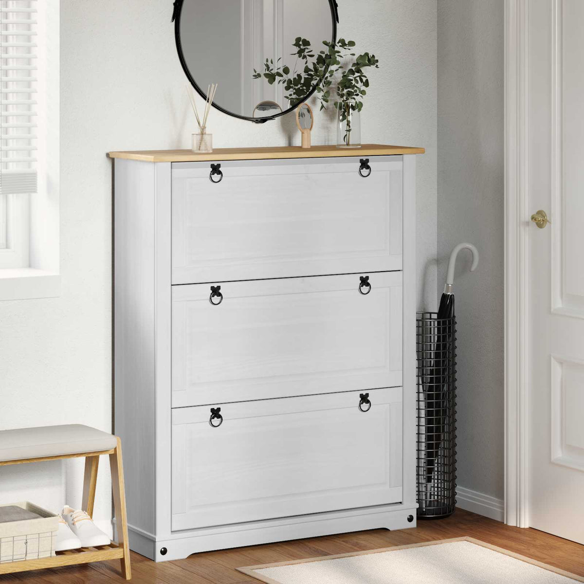 Shoe Cabinet CORONA 99 x 32 x Solid Pine Wood White 124.5 cm