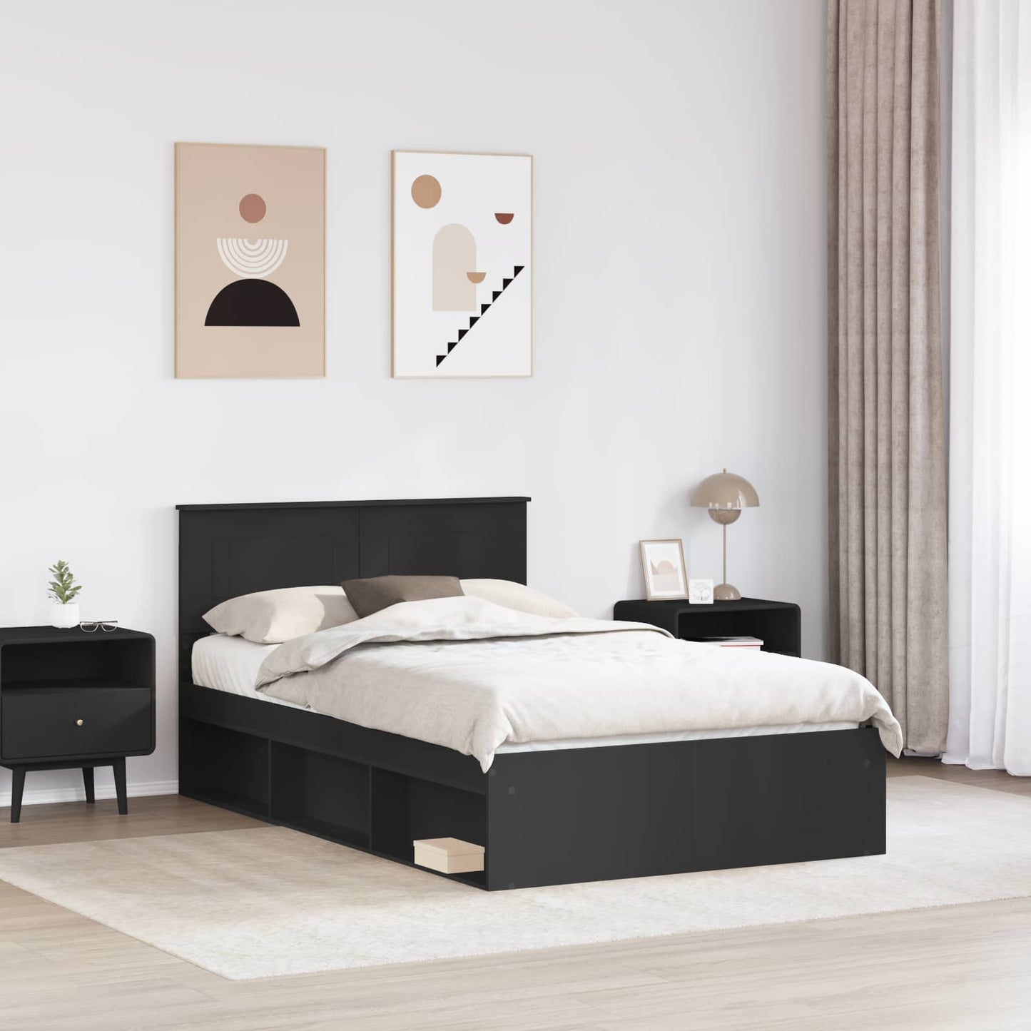 vidaXL Bed Frame with Headboard Black 135 x 190 cm Engineered wood 3