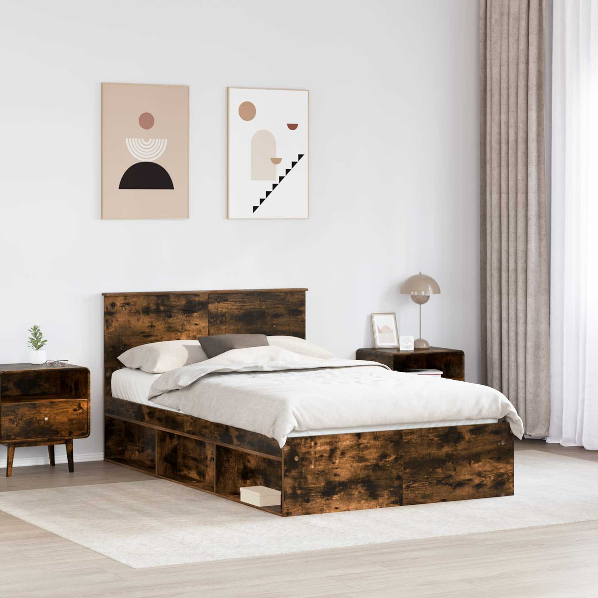Bed Frame 135 x 190 cm Engineered wood Length 190 cm Width 135 cm Smoked oak