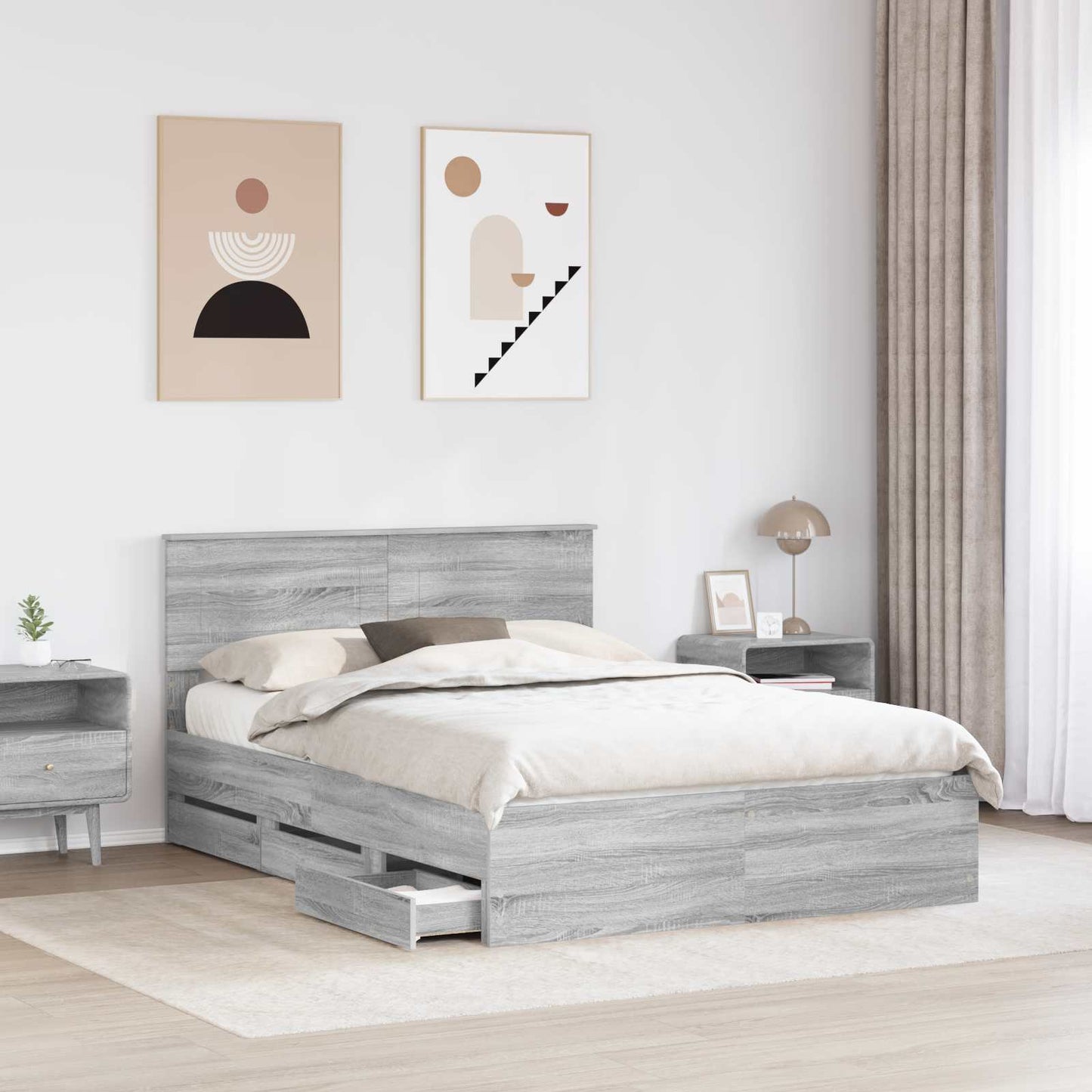 vidaXL Bed Frame with Drawer Grey Sonoma 140 x 200 cm Engineer Wood 3