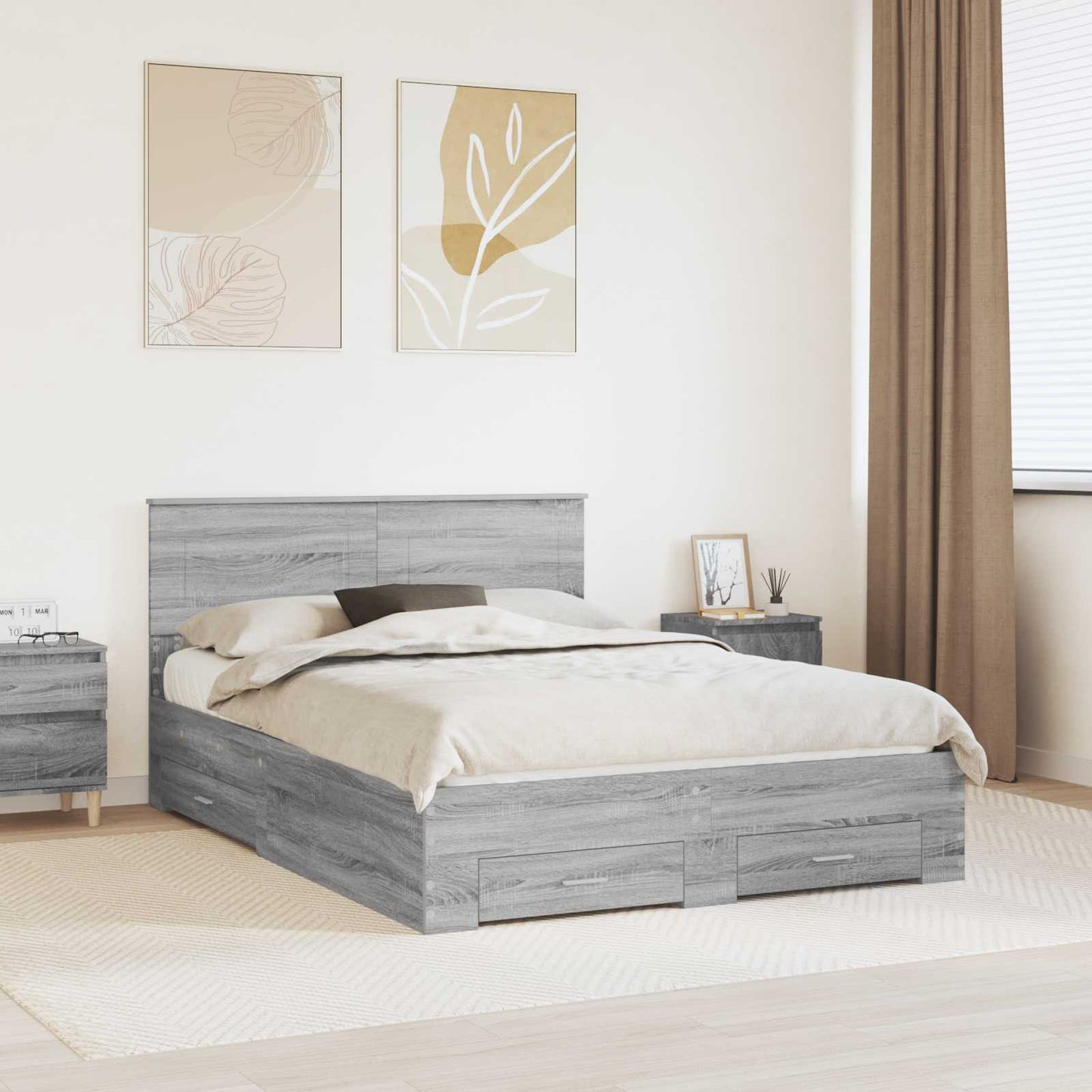 vidaXL Bed Frame with Drawer Grey Sonoma 150 x 200 cm Engineered Wood 1